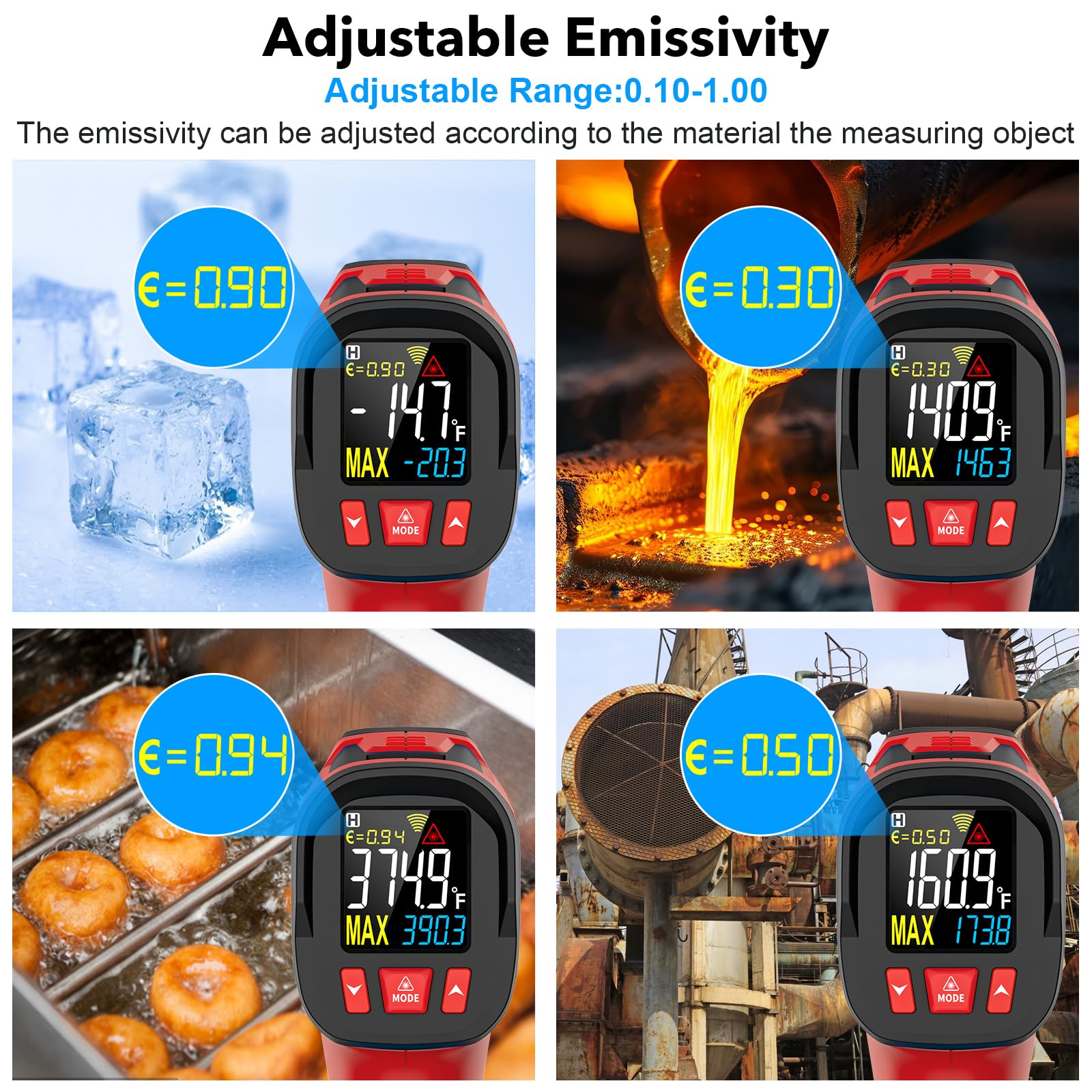 Pistola de temperatura con termómetro infrarrojo, -40.0 °C ~ 800.0 °C, pistola de temperatura láser digital con sonda para cocinar, hornos de pizza, planchas, carne, HVAC, pistola de