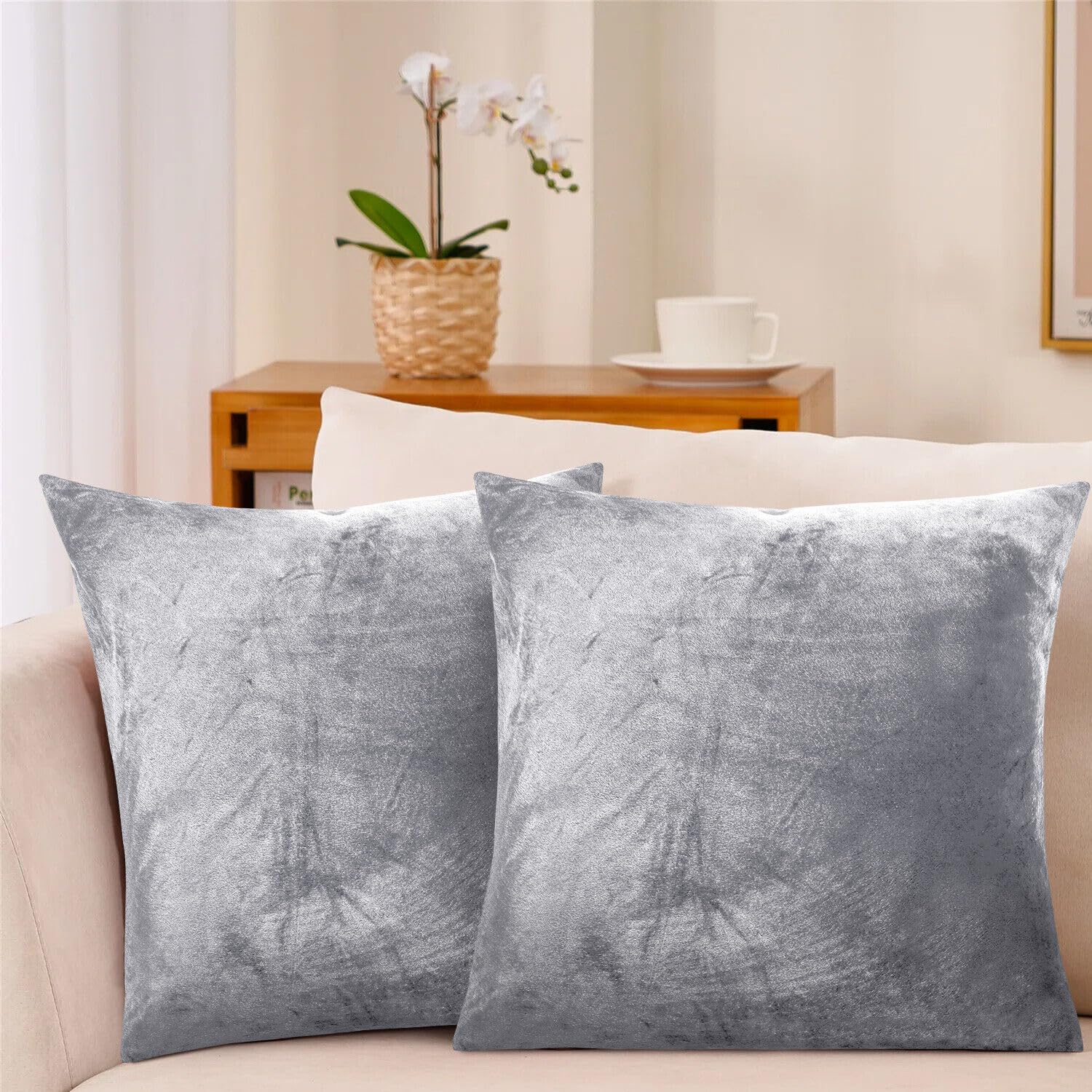 Insafians Silver Decorative Crushed Velvet Cushion Covers 45Cm X 45Cm/Square Throw Pillowcases For Sofa Bedroom With Invisible Zipper 18X18 Inch (2, )