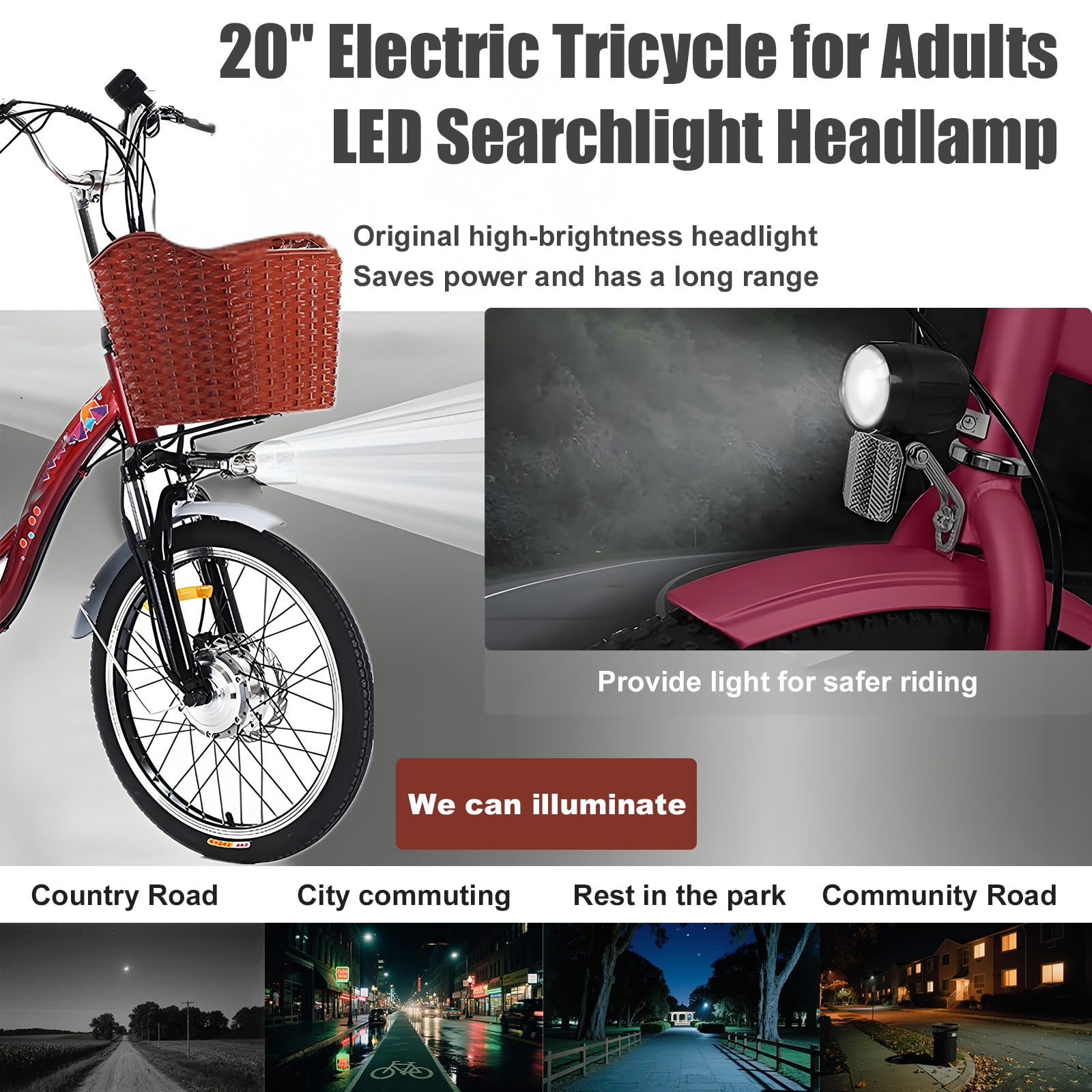 Triciclo elettrico per adulti, motore da 350 W, batteria rimovibile da 48 V, pneumatici da 20 pollici, telaio a scavalco basso, ampio cestino posteriore.