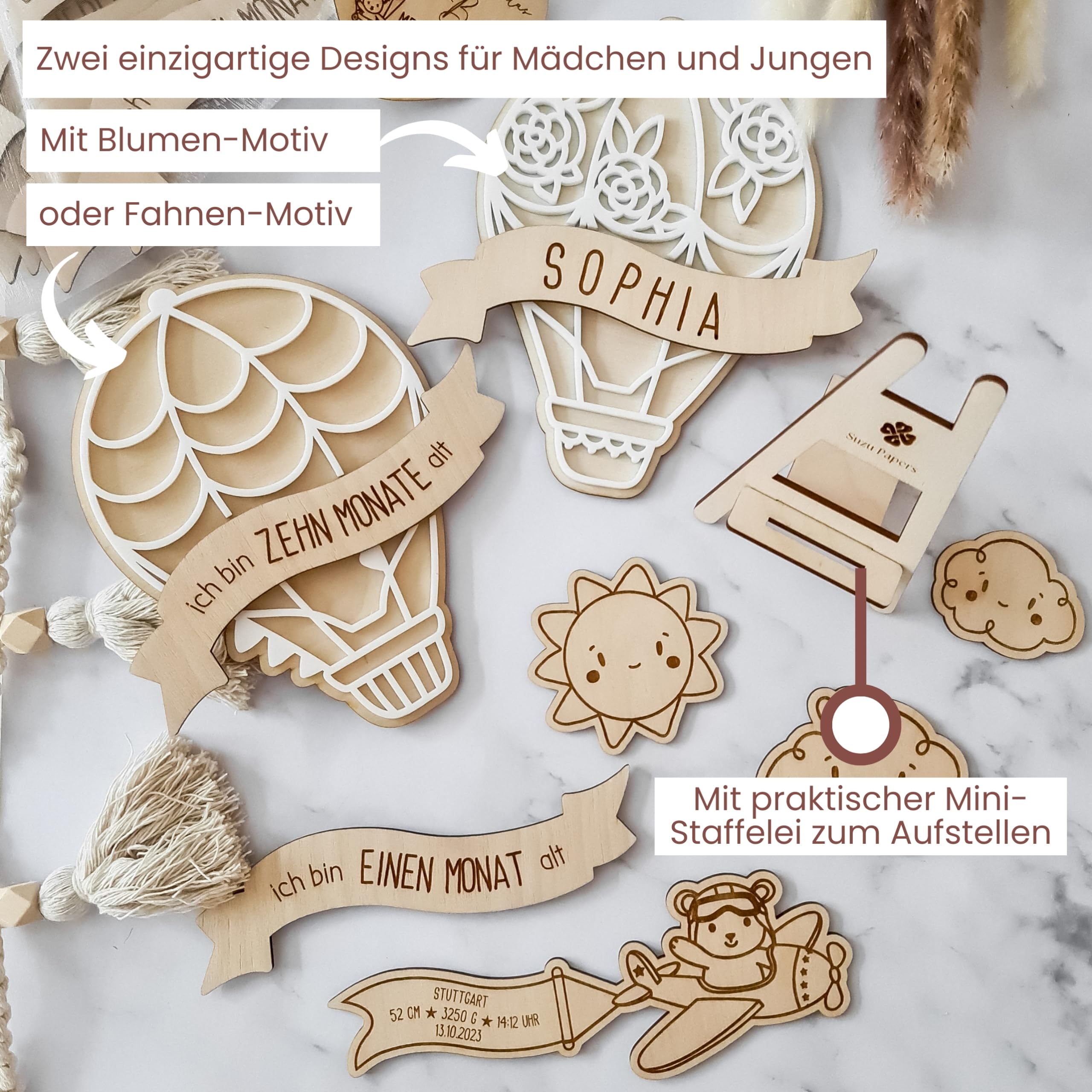 Meilensteinkarten Baby Holz 1-12 Monate personalisiert – Mädchen & Jungen Heißluftballon (Set 4) Komplett-Set)
