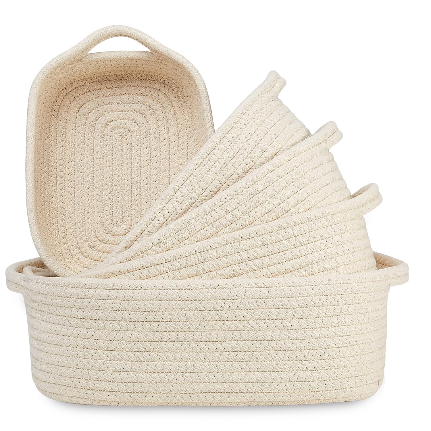Rectangle Storage Basket 5-piece Set- Natural Cotton Rope Woven Baskets for Organizing Small Basket Bins Storage, Dog Toy Baskets with Handle, Cat Toy Box, Bathroom Organization Bin Briwn (H)
