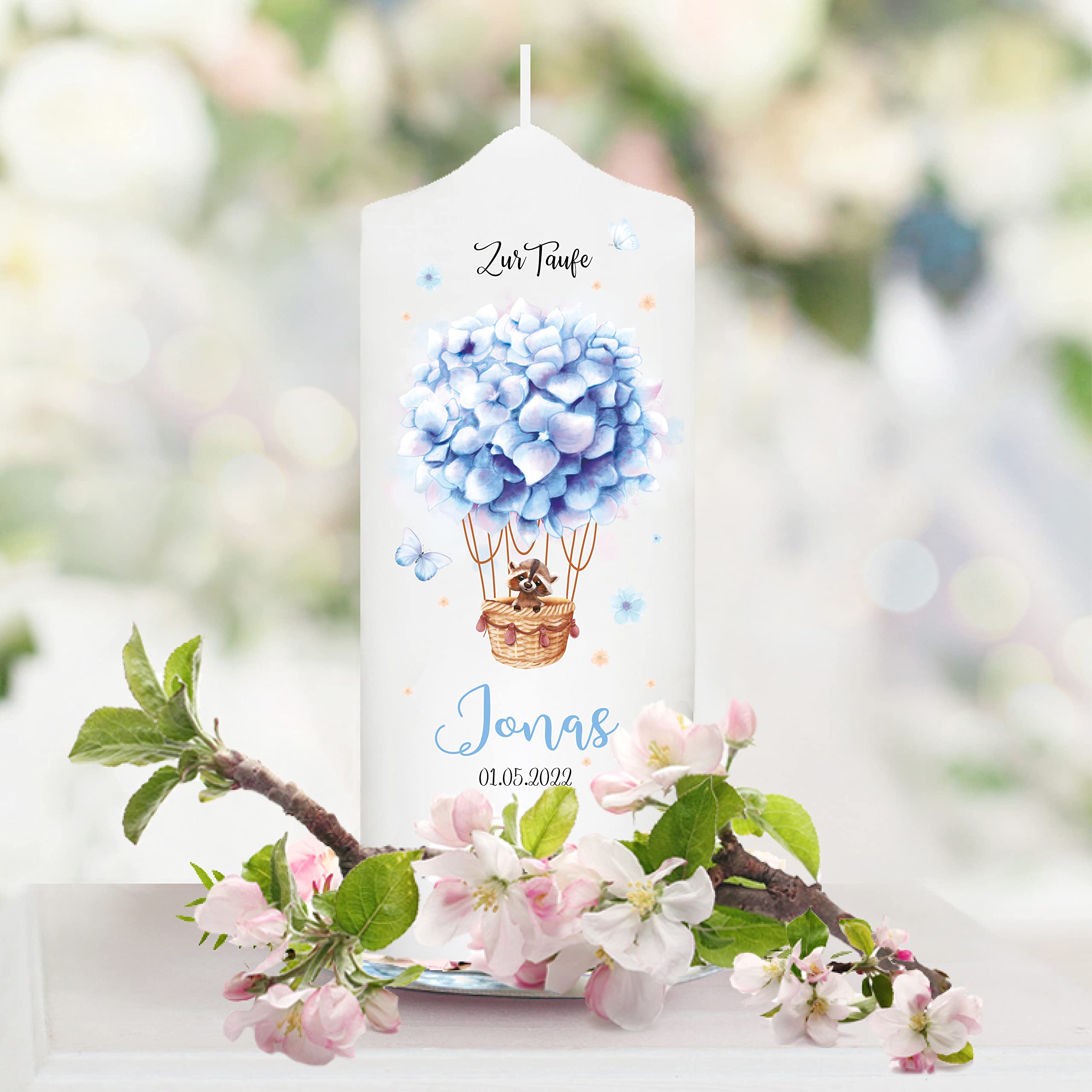 Wandtattoo Loft Taufkerze Junge personalisierte Patenkerze, Heißluftballon aus blauen Blumen, 18cm x 7cm, personalisierte Kerze, bedruckte Kerze Taufe, Stumpenkerze, Geburtskerze, Taufgeschenk