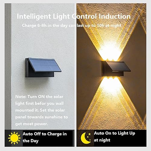 Miniatura 7 de ASLIDECOR Luz solar de pared hacia arriba, paquete de 2 6 luces LED iluminan al aire libre, lámpara con sensor de luz solar, IP65, impermeable,