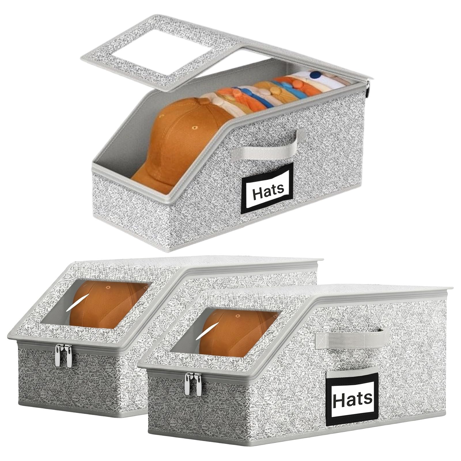 Hounyou Grey 3Pcs Hat Storage Box, Stackable Hat Organiser For Baseball Caps, With Carrying Handles & Lid Dust-Proof