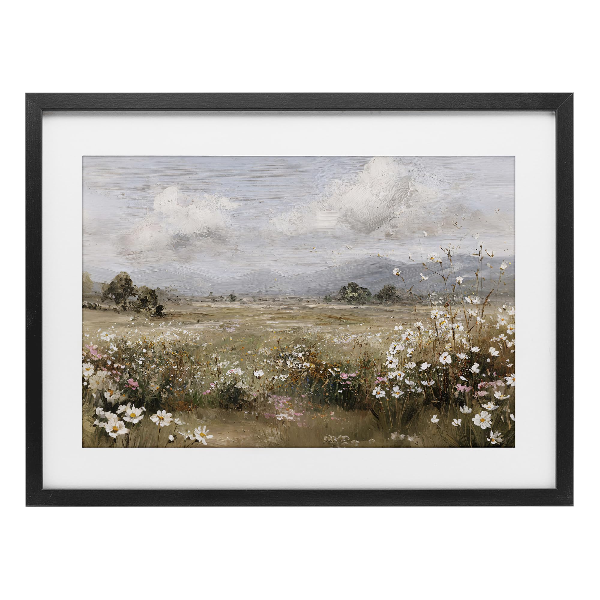 Stupell Industries Midnight Black (Textured) 'Daisy Clusters In Field'| Framed Print Under Glass