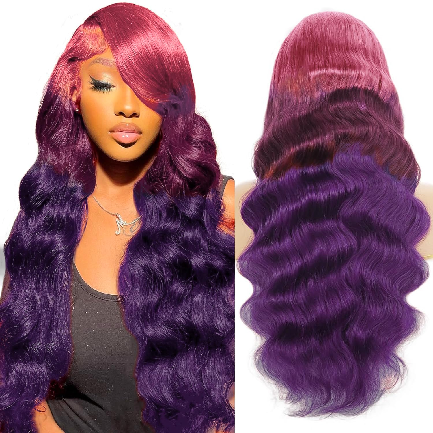Purple Ombre 13x4 HD Lace Front Wig Human Hair Body Wave 3 Tone Pink to Purple Glueless Wigs Dark Pink Root Rainbow Colored Lace Frontal Wig 180% Density 20 Inch