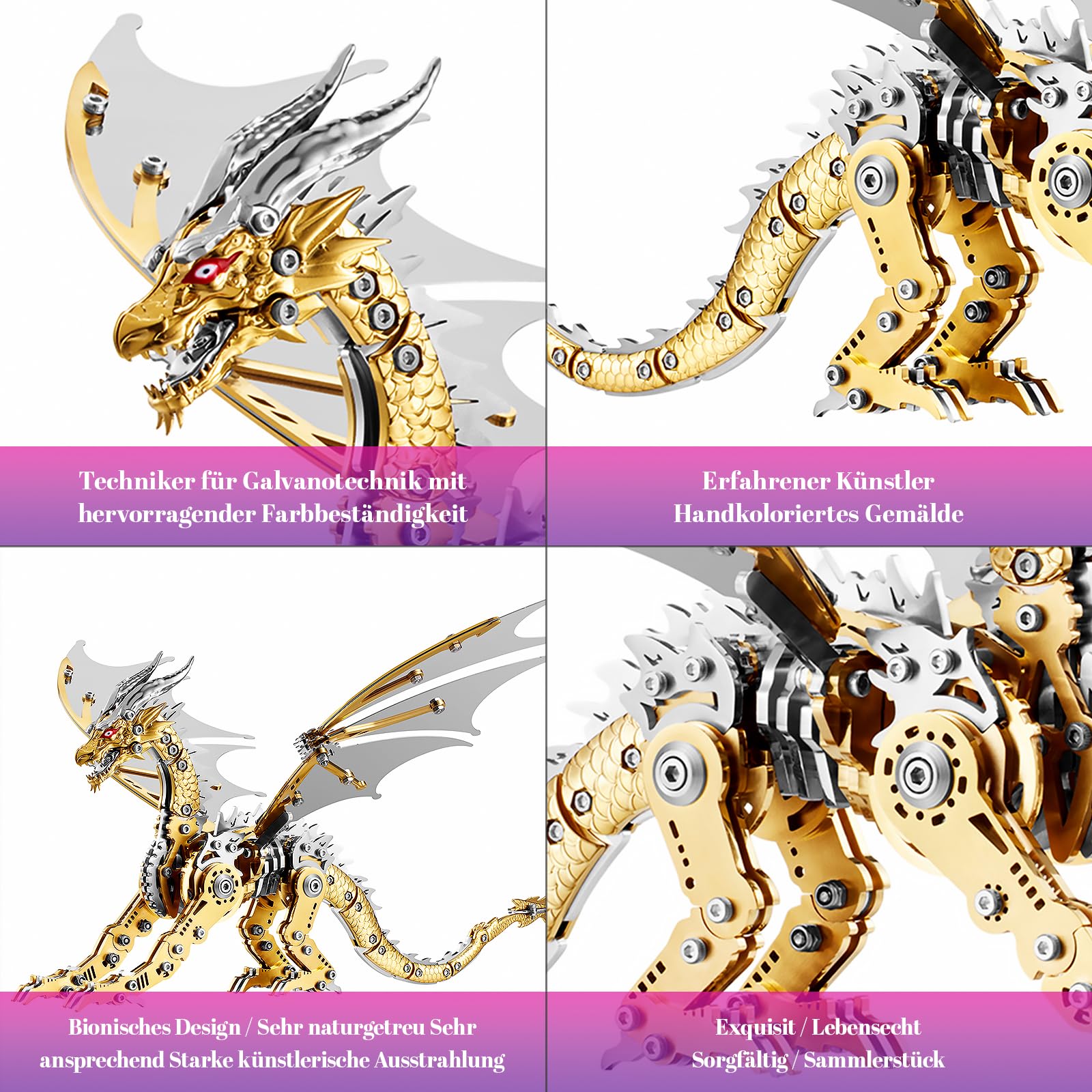 3D-Metallkomponenten-Serie: Kreatives DIY-Puzzle mit Spielspaß und intellektueller Herausforderung für Personen ab 14 Jahren, Roter Wingsaurus (Gold)