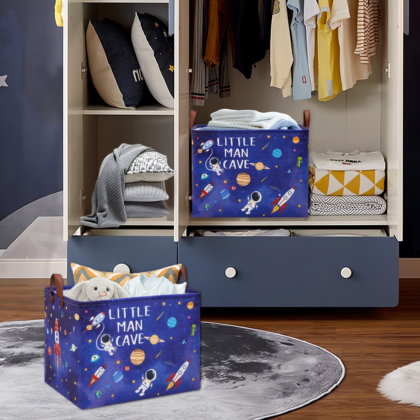 Cesta de lavandería con cohetes de astronauta, cesta de almacenamiento espacial con citas inspiradoras, caja de juguetes para decoración de habitación de niños, caja de juguetes rectangular para 7