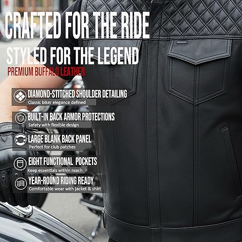 Miniatura 4 de Jackets 4 Bikes SOA Chaleco de Motocicleta para Hombre, Cuero Genuino de Búfalo, Armadura Trasera, Bolsillos Interiores, Chalecos de Club de