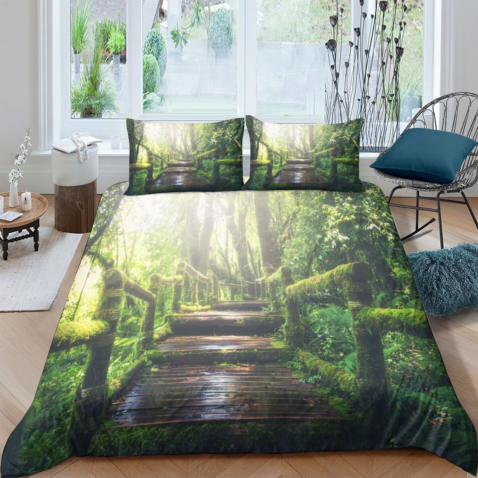 Ctjqhvkz Style-7 3D Printed Forest Path Fitted Sheet Microfiber Soft Breathable Woodland Bridge Mattress Cover For Bedroom Decor Single（135X200cm）