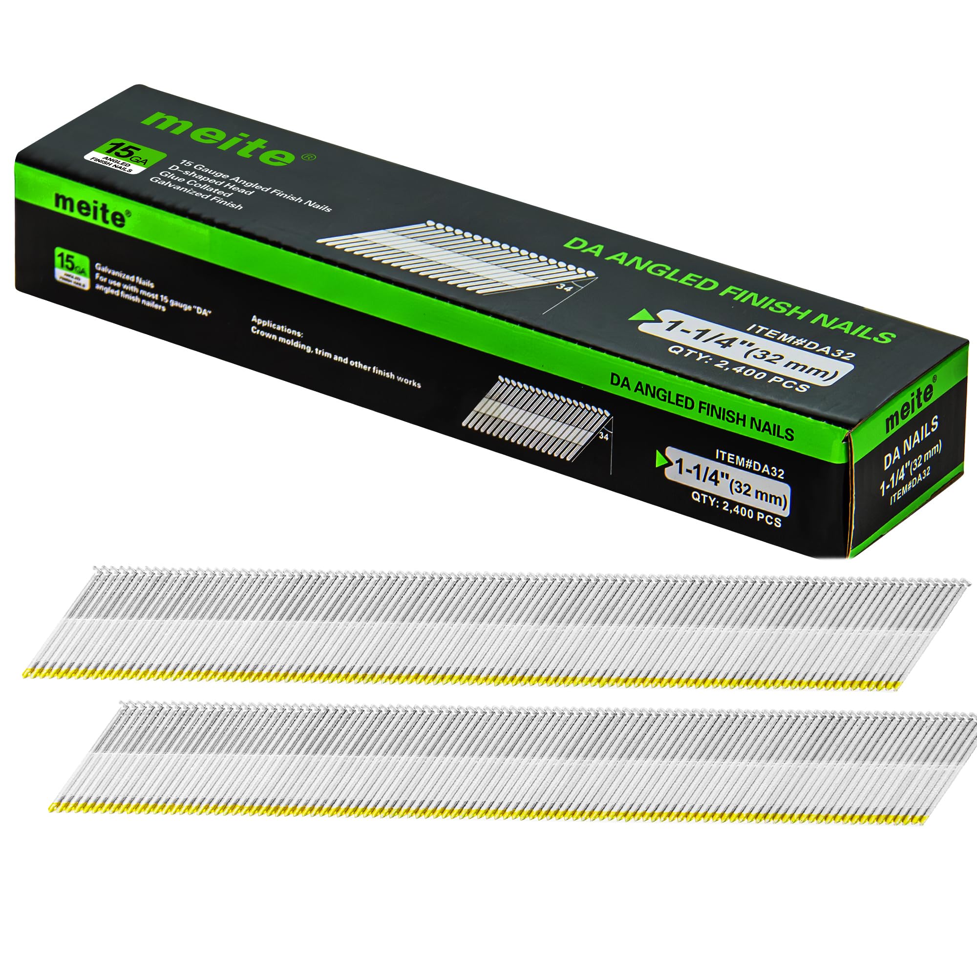 meite 1-1/4 Inch DA Nails, 15 Gauge 34-Degree Angled Finish Nails in Galvanzied-Perfect for Moldings Trimming Works and DIY Projects (2,400 Counts)