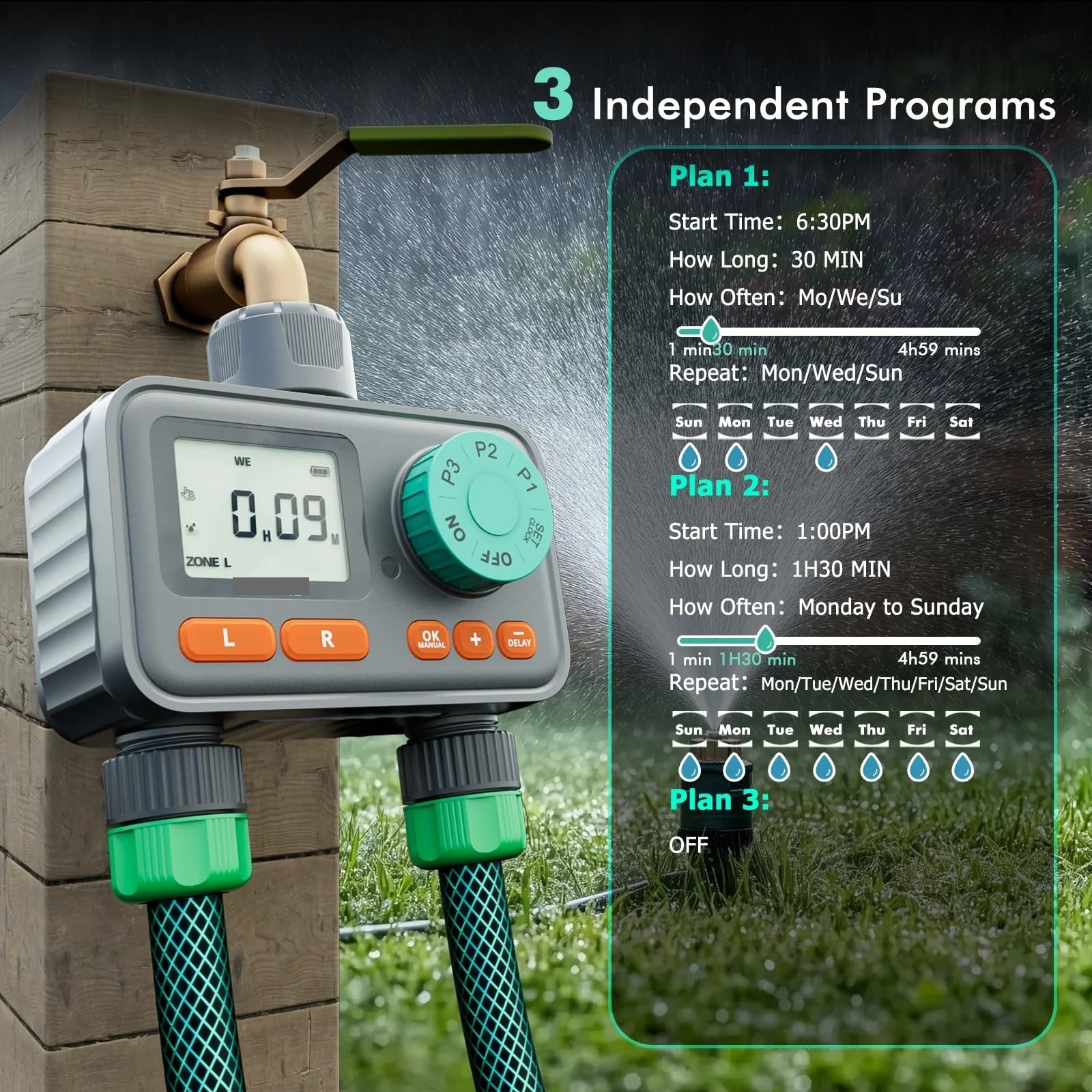 Timer per l'irrigazione, Timer for irrigazione a 2 zone con 3 programmi separati, timer for irrigazione programmabile a 7 giorni for tubo da giardino