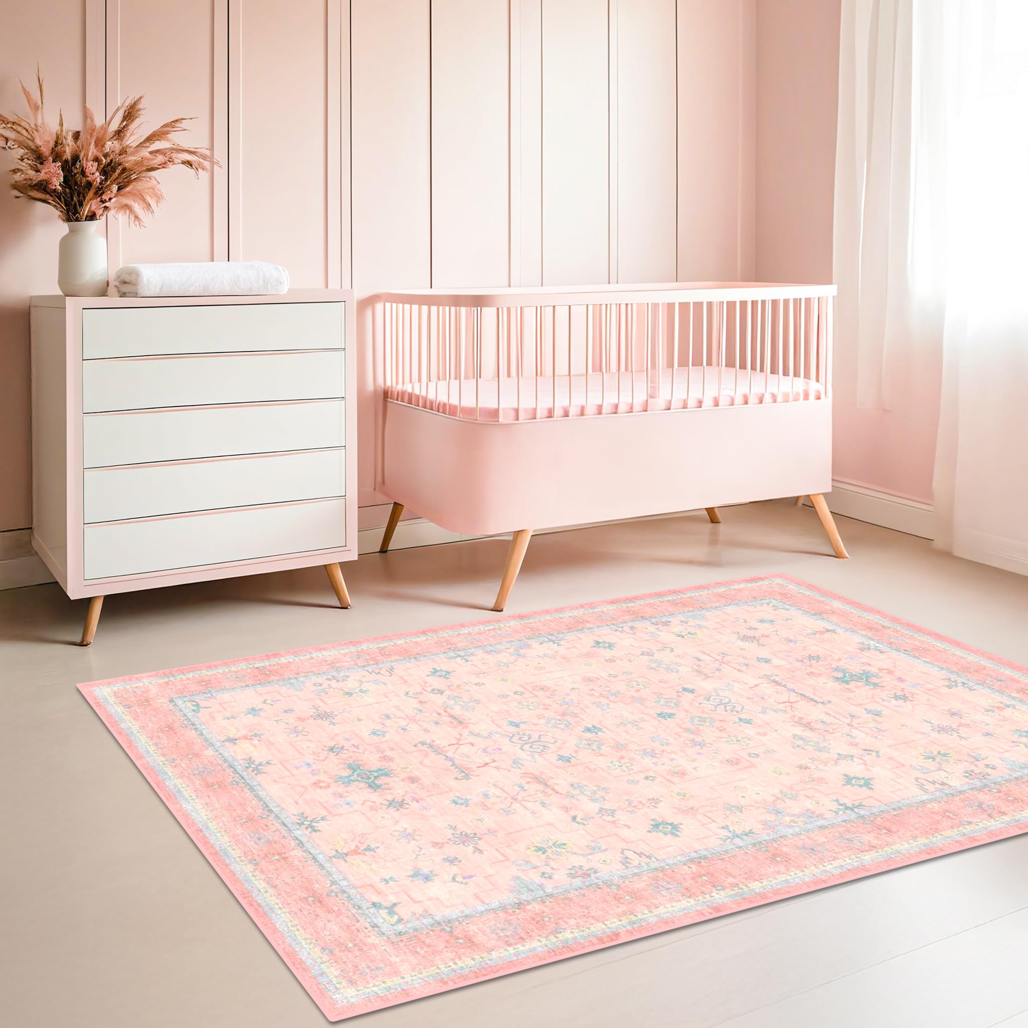 Hazo Haus Alfombra de área para cuarto de bebé, 4 x 6 pies, color rosa, para dormitorio de niñas, lavable, de pelo bajo, para sala de estar, diseño bohemio encantador, alfombra antideslizante perfecta