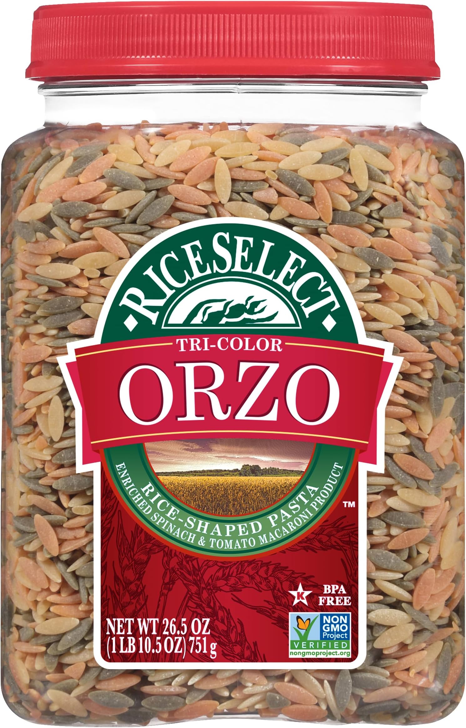 Tri-Color Orzo Rice-Shaped Pasta, Premium Spinach- and Tomato-Flavored Non-GMO Orzo Pasta, 26.5-Ounce Jar