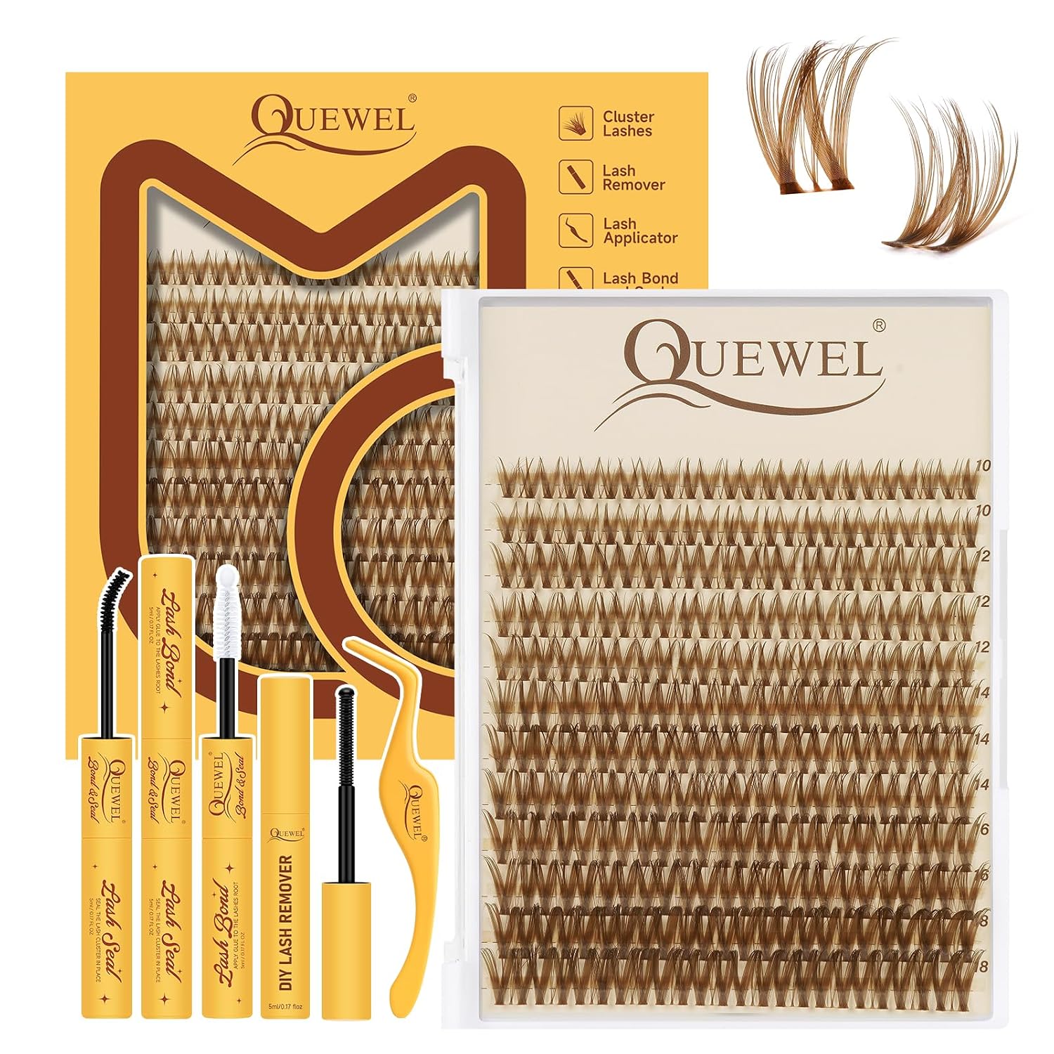 QUEWEL Brown Lash Clusters Kit, 120pcs Wispy-Lash-Clusters Kit Mix10-18mm Wispy Natural Invisible Band Eyelash Clusters Kit for DIY Cluster Eyelash Extensions(FD-Fairy-H-V1)