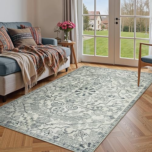 Lahome Alfombra bohemia vintage lavable de 4 x 6 pies para dormitorio, estética, beige para sala de estar, medallón floral, suave, antideslizante,