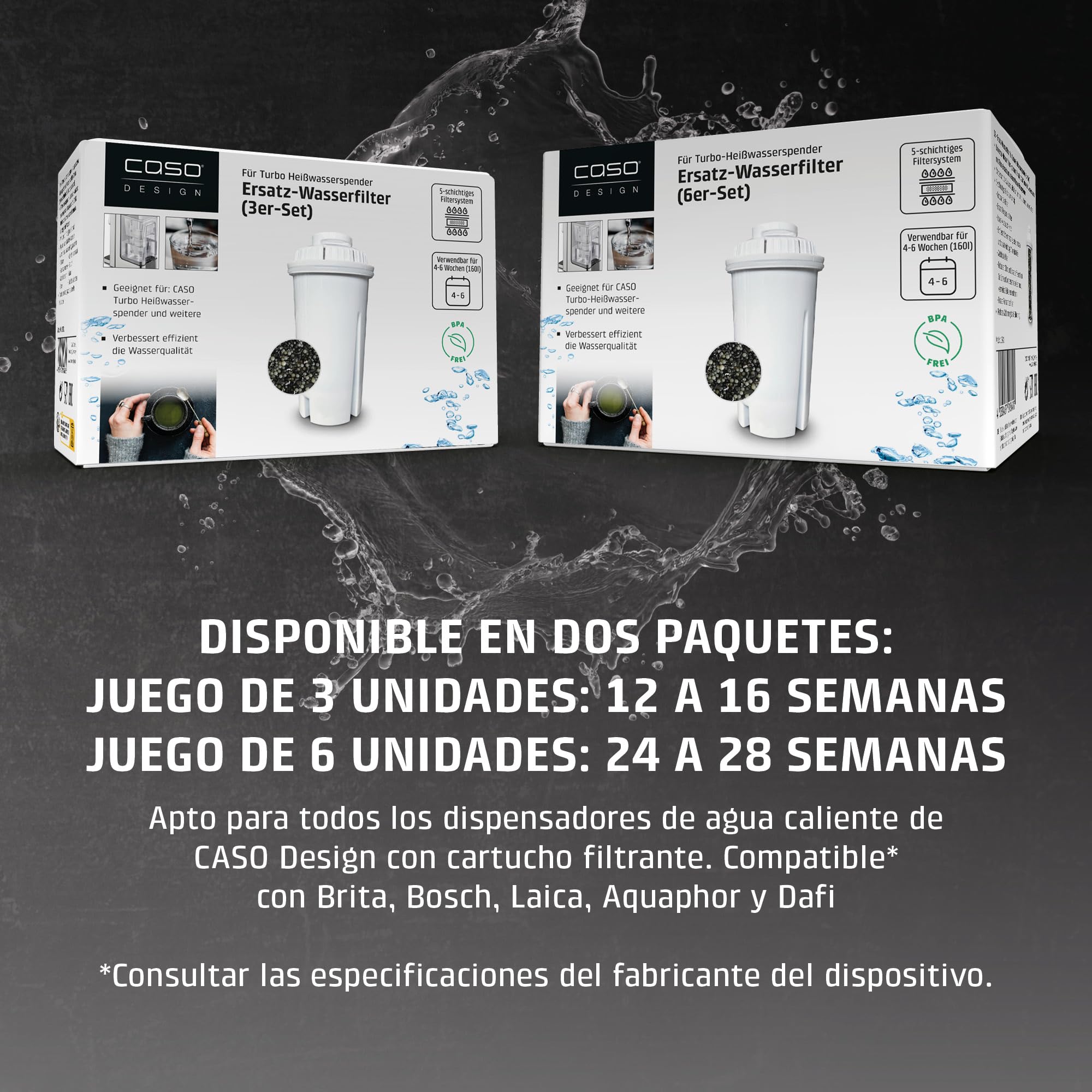 CASO filtro de agua de repuesto (juego de 6) - compatibles con todos los dispensadores de agua caliente CASO - Reduce la cal, cloro y contaminantes