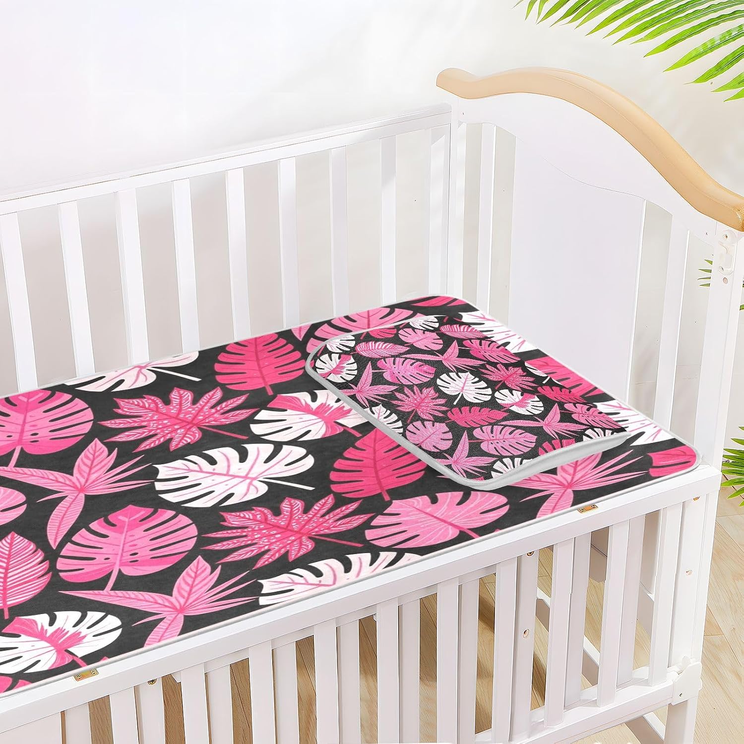 Cooling Baby Mattress Cover 28" x 52" Absorbent Tropical Pink Plant Leaf Black Bed Pads for Kids for Kids, Adult
