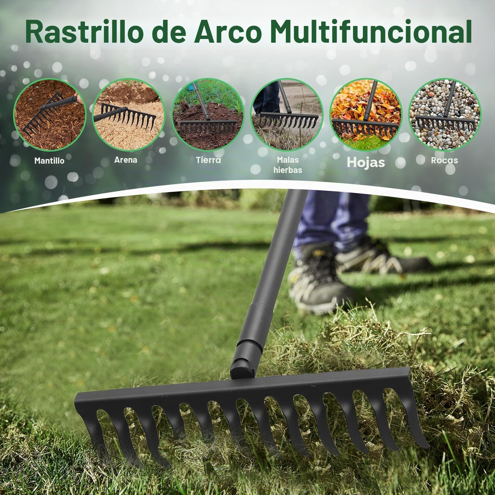 Rastrillo de arco de metal para jardín con mango ajustable de 60 pulgadas de largo, rastrillos de roca de paja de 17 pulgadas de ancho para jardinería, nivelación de césped, aflojar el suelo, recoger