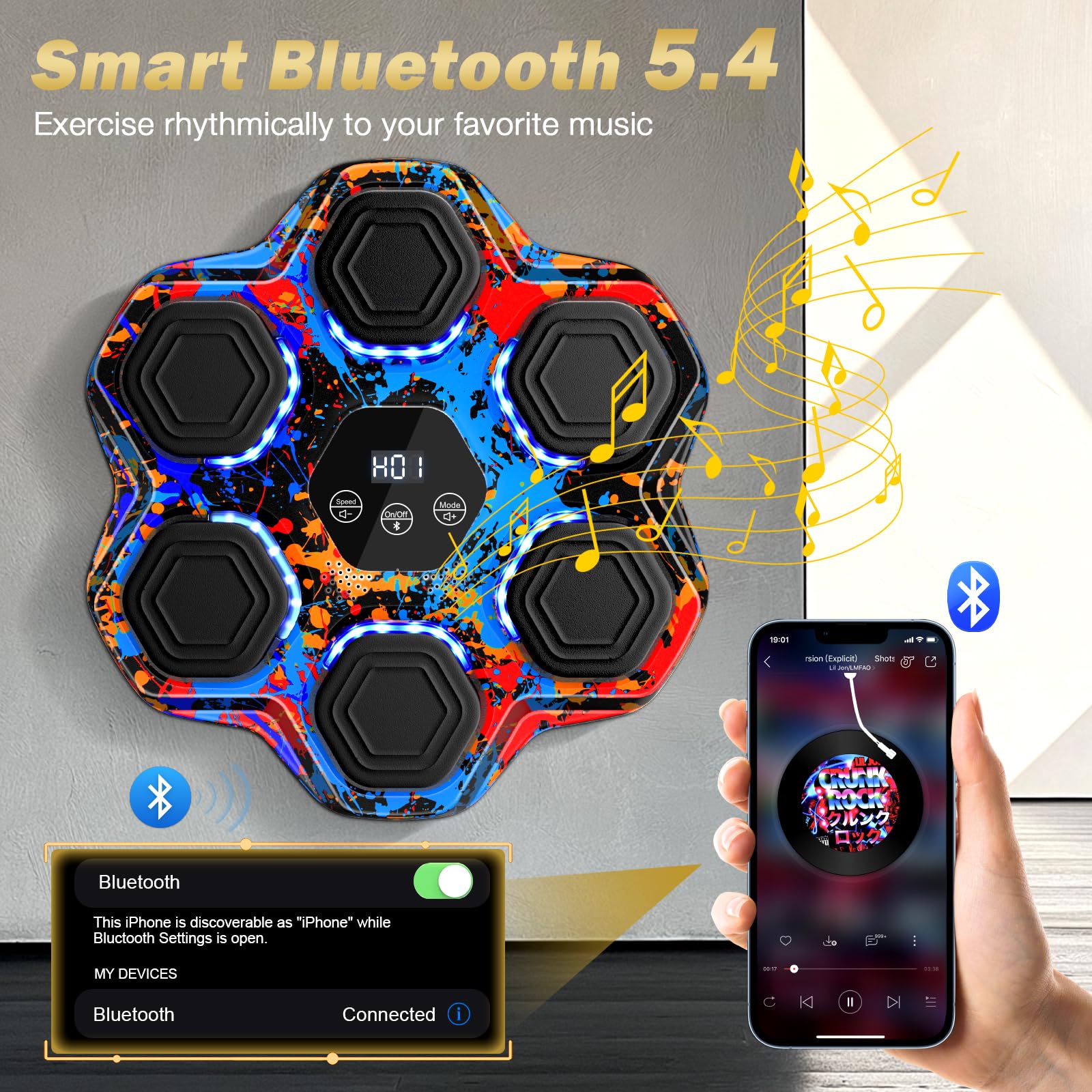 Music Boxing Machine, Smart Bluetooth Boxing Machine with Gloves, Wall Mounted Music Punching Trainer for Kids Adult, LED Electronic Boxing Workout Target with 9 Modes & 9 Speeds