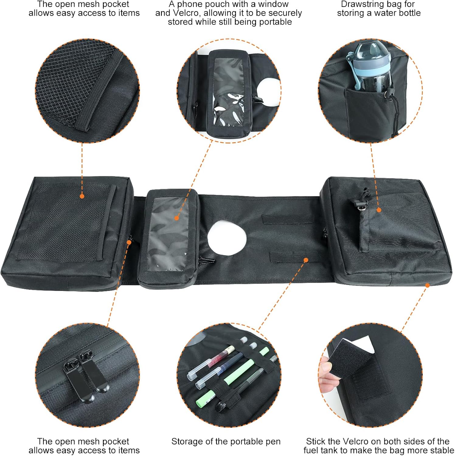 Universal ATV Tank Saddle Bag, Waterproof Motorcycle Fuel Tank Bag with Phone Pocket, Durable Synthetic Storage Bag Compatible with UTV Quad Bike Snowmobile, Black atv Saddle Bag