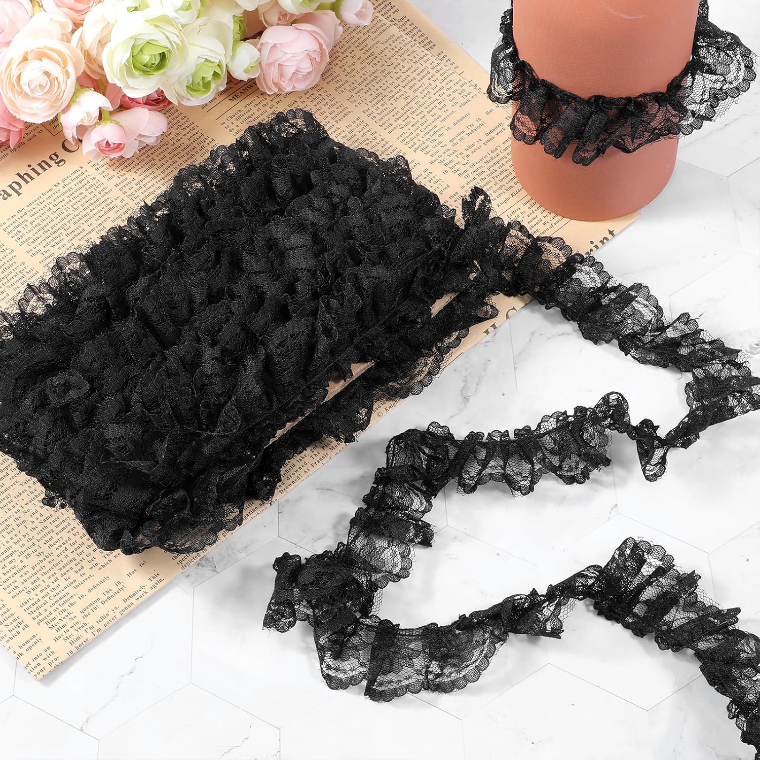 10 Yards Black Lace Ruffle Trim for Crafts Layer Pleated Net Lace Edge Embroidered Sewing Ribbon Edging Trimmings Fabric for Wedding Bridal Dress Present Wrapping Decoration, Width 1-3/8"