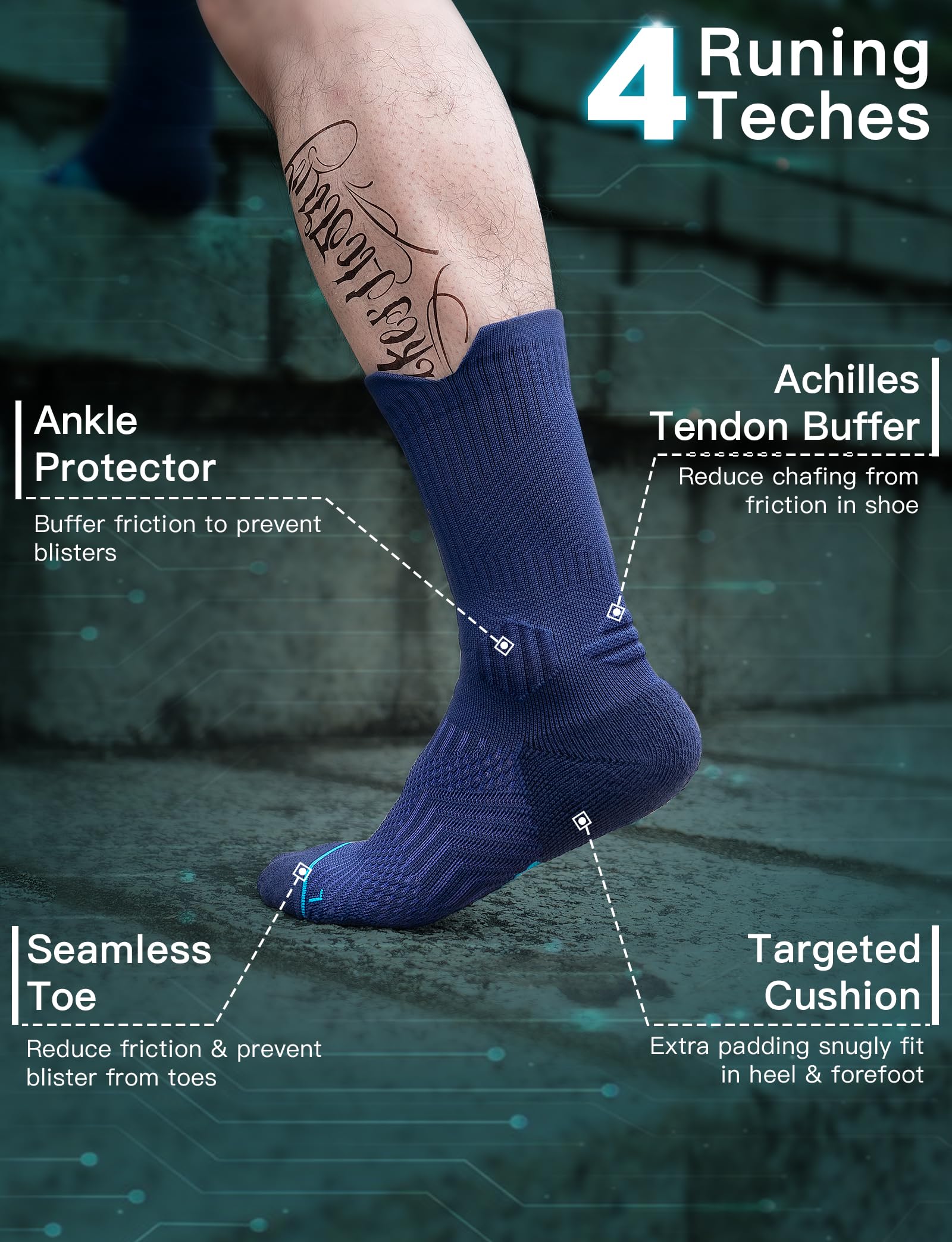 Juclise Coolmax - Calzini da corsa a compressione in viscosa di bambù traspiranti ammortizzati anti-vesciche supporto per arco plantare sport