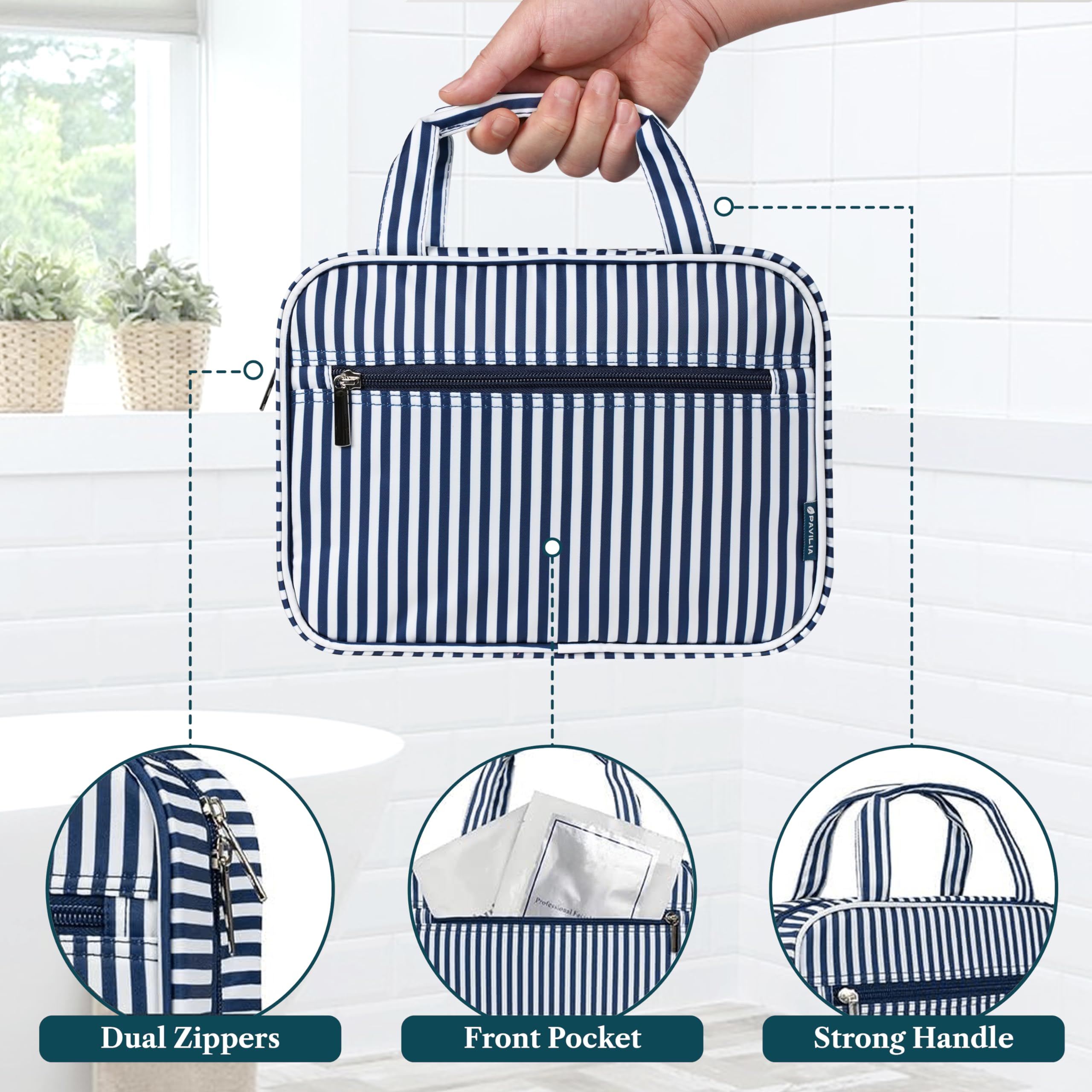 PAVILIA Borsa da toilette da appendere borsa da viaggio donna e uomo, organizer pieghevole per cosmetici, borsa per il trucco resistente all'acqua, accessori da toeletta, grande kit essenziale da