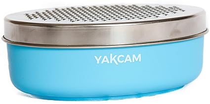Yakcam Cheese Grater Vegetable Shredder Storage Container, Citrus Zester, Course and Fine Stainless Steel Blades. 4 Piece Blue, Kitchen Gadget, 7 long x 5 wide x 2-1/2 deep, Nonslip Rubber Ring