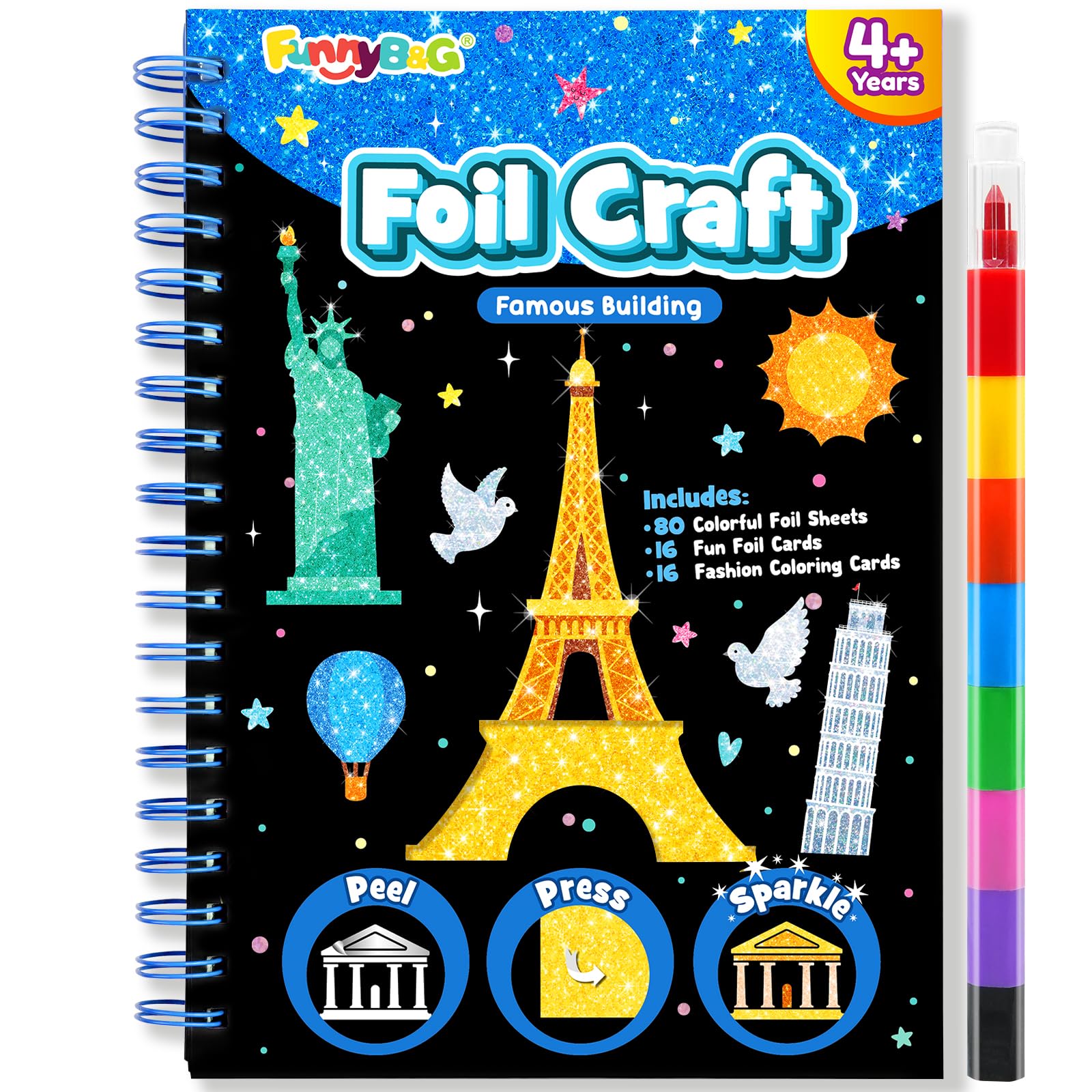 FUNNYB&G Foil Art Kinder Kunst & Bastelaktivität: Kreatives Reisespielzeug für DIY-Aktivität, Bastelset, Mitgebsel Kindergeburtstag 4 5 6 7 8 9 Jahre (Gebäude)