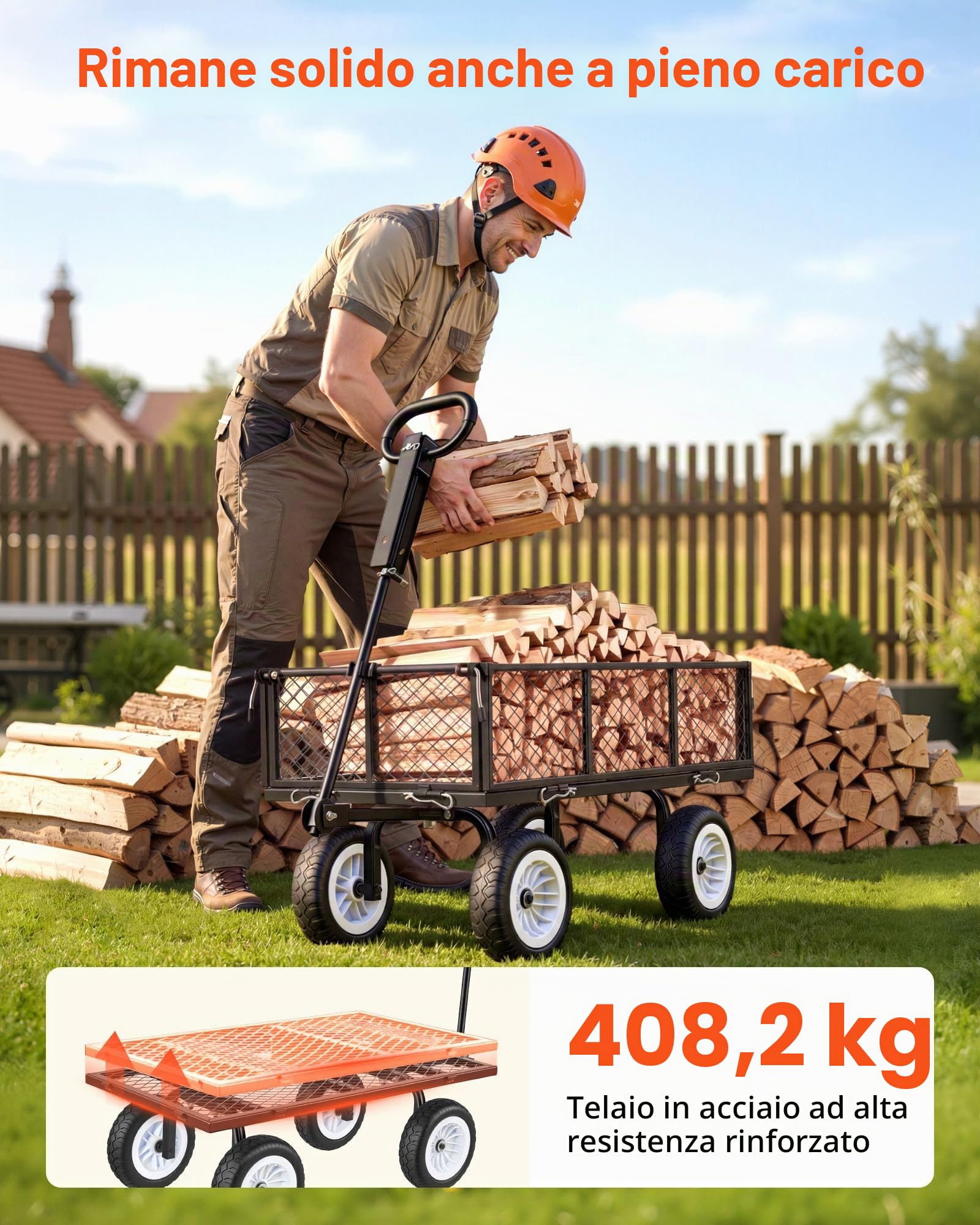 VEVOR Carrello Portaoggetti da Giardino Carico max 408,2 kg Carrello da Trasporto per Legna Terra Detriti Lati Rimovibili Pneumatici Antiforatura in PU, Carretto Compatibile con Trattore ATV, Nero