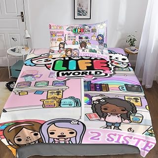 Entemah Toca Life World 3D Comforter Cover Set for Cute Animation Duvet Cover Bedding Set Bedspread Cover with Pillow Shams Microfiber Bed Cover Zipper 2 Piece Set Quilt Cover Single（135x200cm）