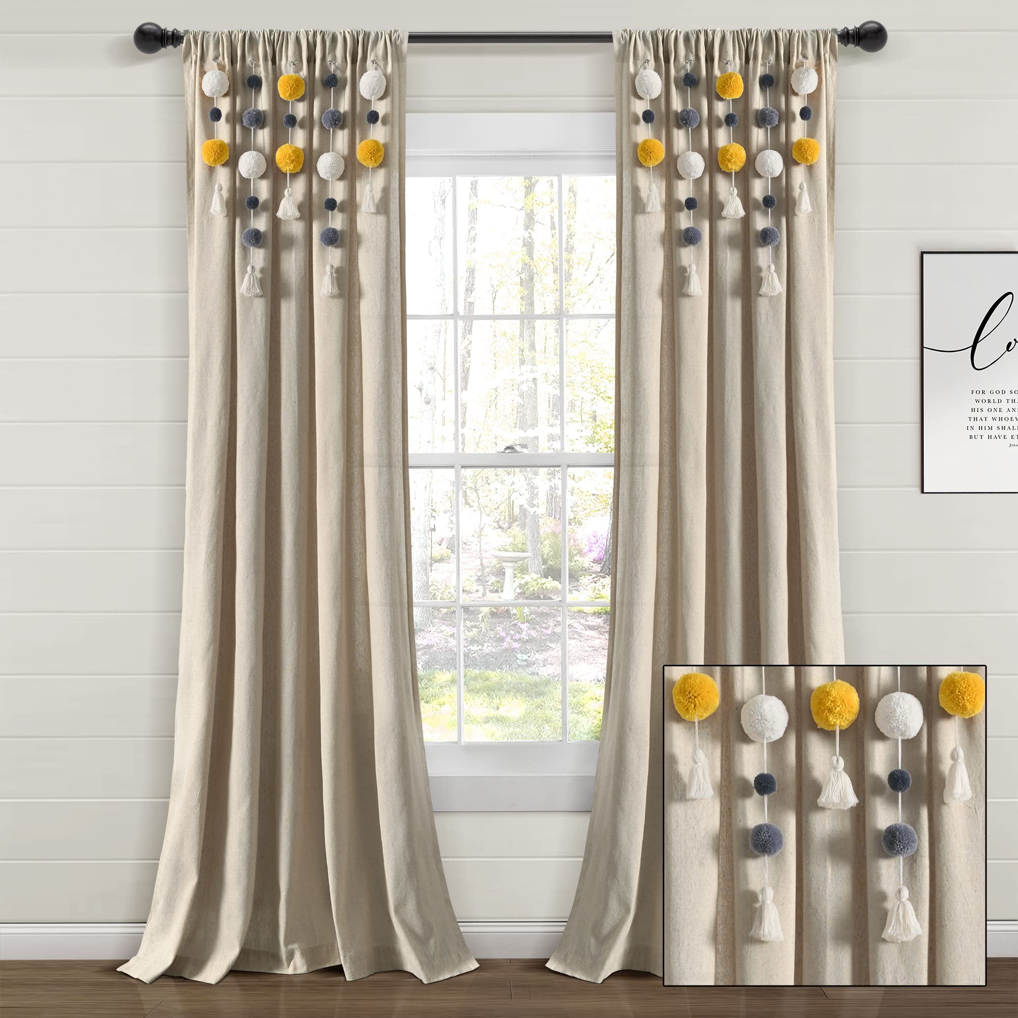 Lush Decor Tenda per finestra in lino con pompon bohémien (pannello singolo), 213,4 cm di lunghezza x 132,1 cm di larghezza, giallo e grigio