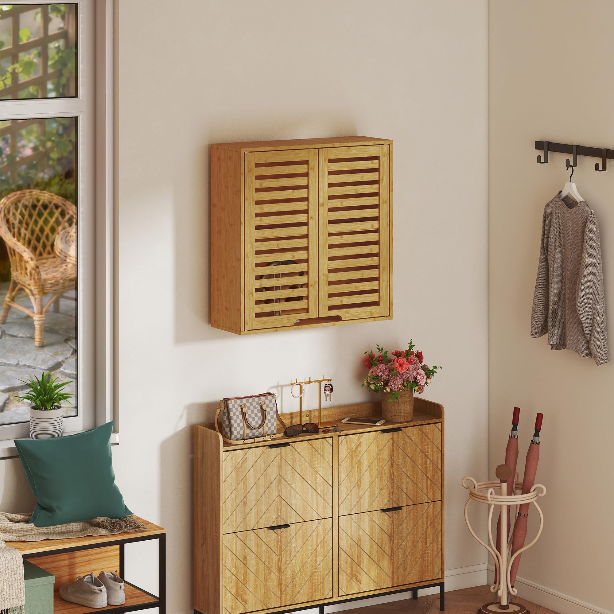 HOMCOM Armoire Murale de Salle de Bain, Meuble de Rangement avec 2 Compartiments et Étagère Réglable, Meuble Haut en Bambou pour Toilette, Cuisine, 60 x 20 x 60 cm, Effet Bois Naturel