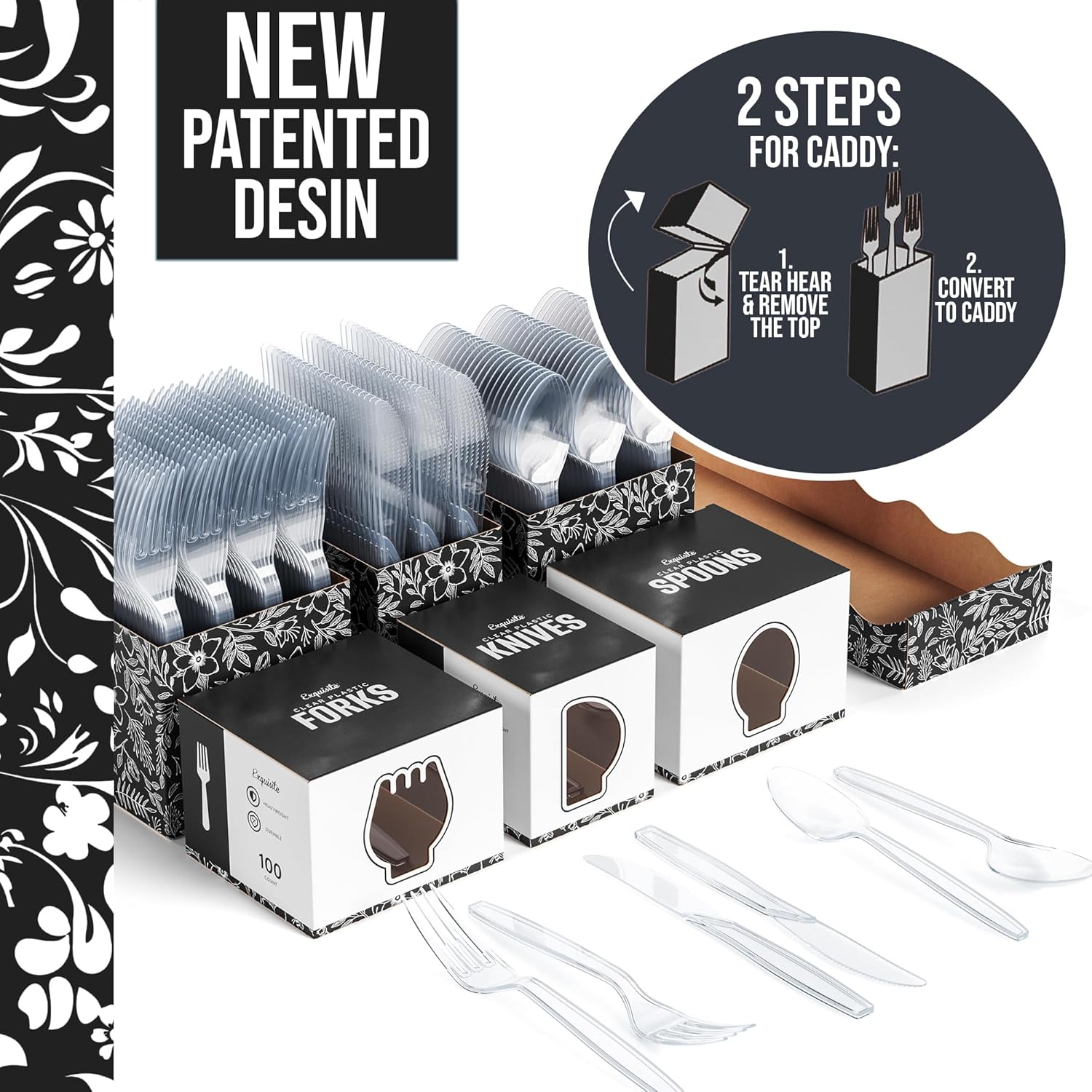 Exquisite Utensil Caddy Organizer with Clear Plastic Forks and Spoons & Knives Floral Kitchen Utensil Holder for Party with 3 x 100 Plastic Spoons and Forks Disposable Knives Clear Cutlery Set