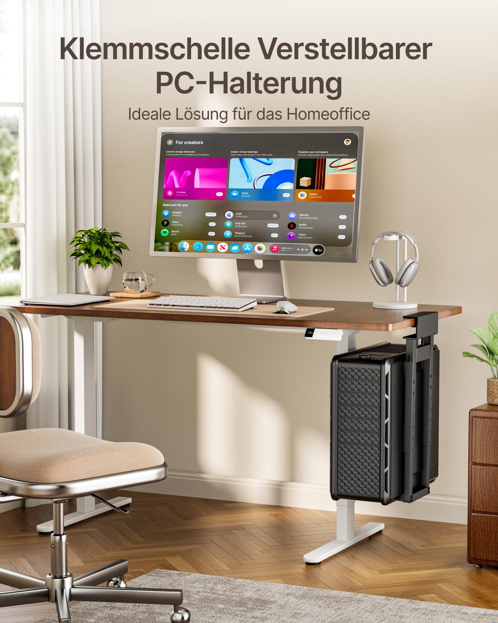 monTEK 30KG PC-Halterung unter Schreibtisch, Ohne Bohren montierbar | Heavy-Duty, Verstellbare Desktop PC Halterung mit Schutzpolstern, 41CM-65CM Höhe, für Büro, Zuhause, Klassenraum, Schwarz