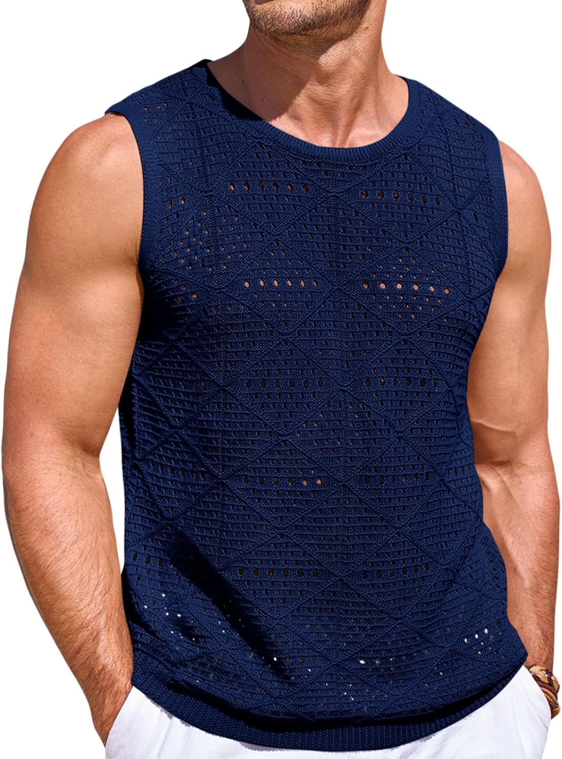 Runcati Mens Knitted Tank Tops Casual Sleeveless Hollow Out Crochet T-Shirts Muscle Summer Beach Hippie Shirts