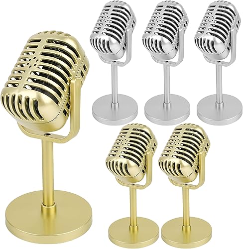 Paquete de 6 micrófonos de estilo retro, modelo de micrófono falso dorado con soporte, accesorio de micrófono de plástico clásico vintage para