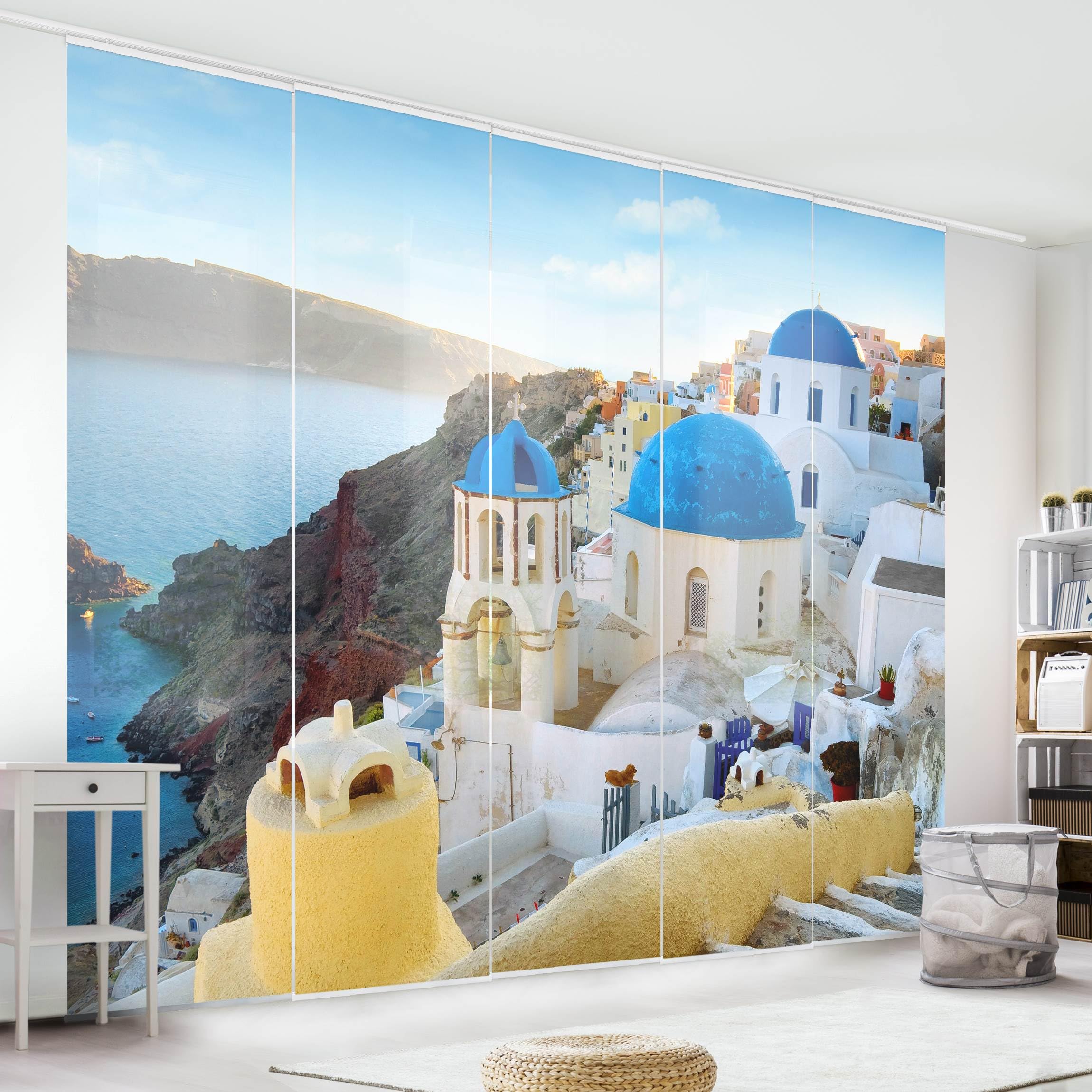 Schiebegardine halbtransparent 60er Paneel Klett Skyline Textil lichtdurchlässig - Stadt Modern Flächenvorhang blau Wohnzimmer Schlafzimmer 1596 (300x250 cm - 5er Set)