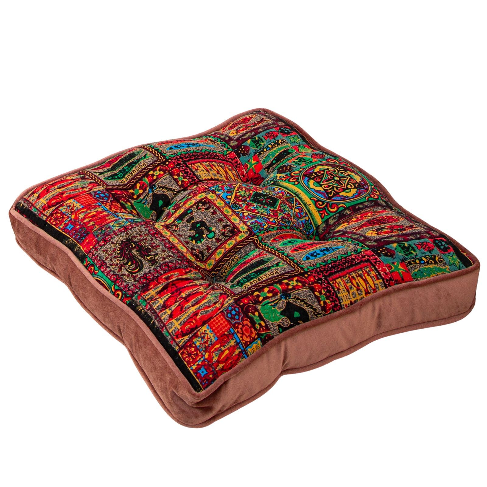 Huierxun Luxury Velvet Chair Cushion for Dining - Soft Comfortable Pads With Ties, Boho Printed Seat Cushion for Kitchen, Office (Pink, 16"x16")