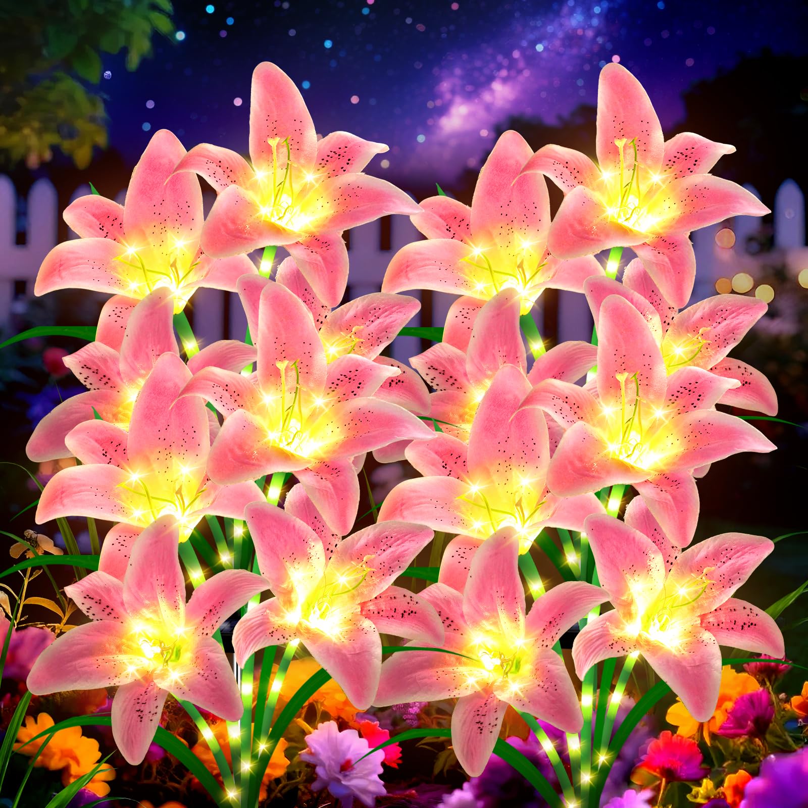 ANGMLN Solar Garden Lights 4 Pack 16 Pink Lily Flowers