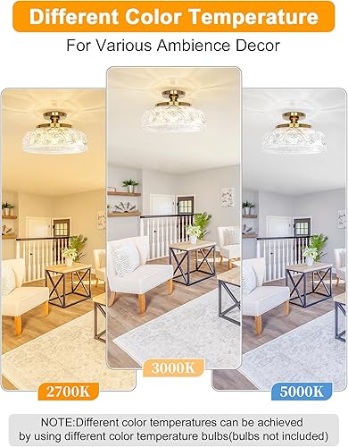 Miniatura 4 de Lámpara de techo semiempotrada, lámpara de techo dorada grande de 12 pulgadas, lámpara de techo dorada de 3 luces de globo de vidrio para casa de