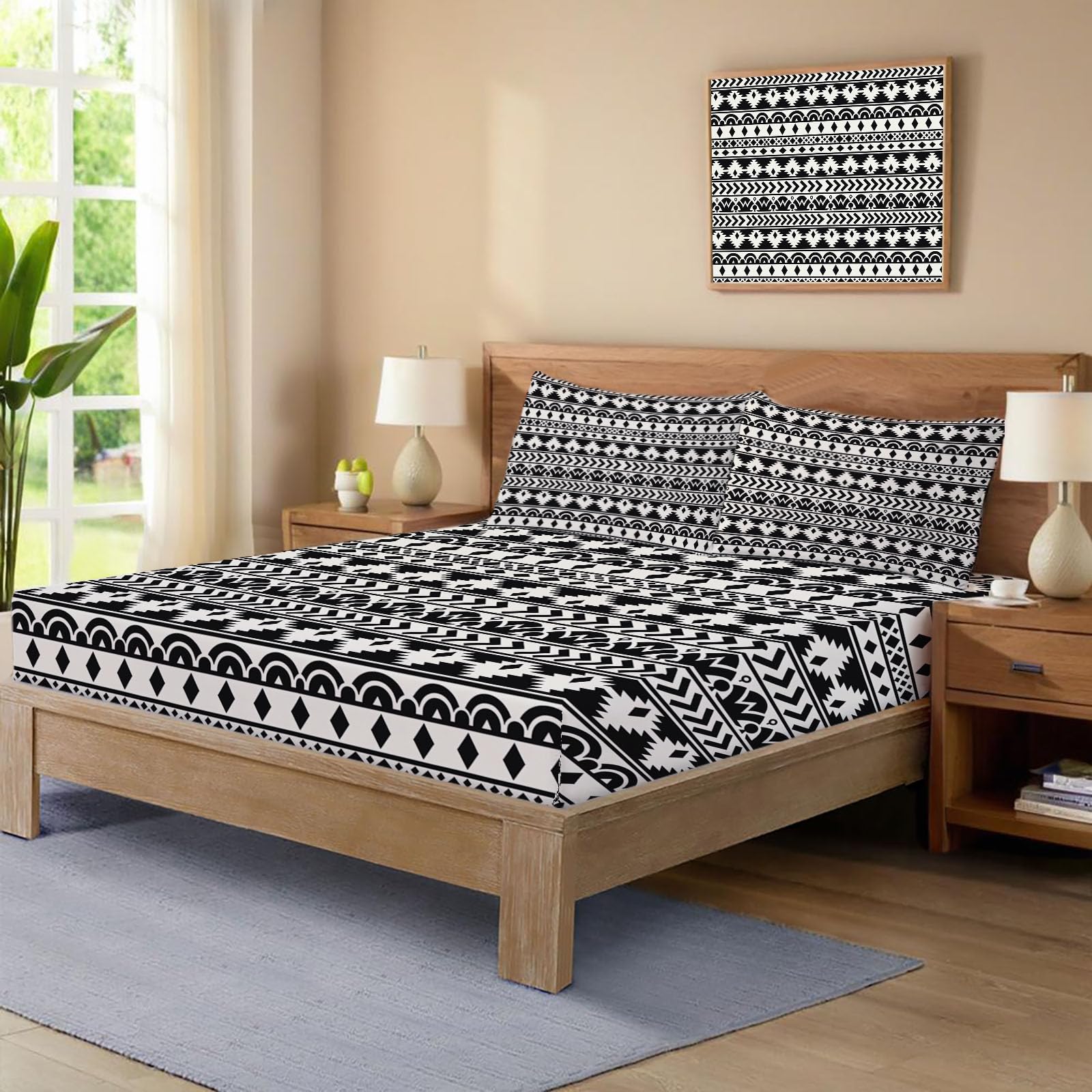 Sábanas 200X190/200Cm - Juego De Sábanas 3 Piezas Estampadas Geométrico De Diamante - Microfibra Suave Transpirable - Sábana Bajera Ajustable - Ropa De Cama Bohemio Tradicional (Blanco Y Negro)