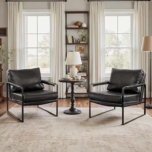 Miniatura 7 de Art Leon Silla decorativa moderna de mediados de siglo, sillón de piel sintética con patas de metal negro, silla auxiliar individual para sala de