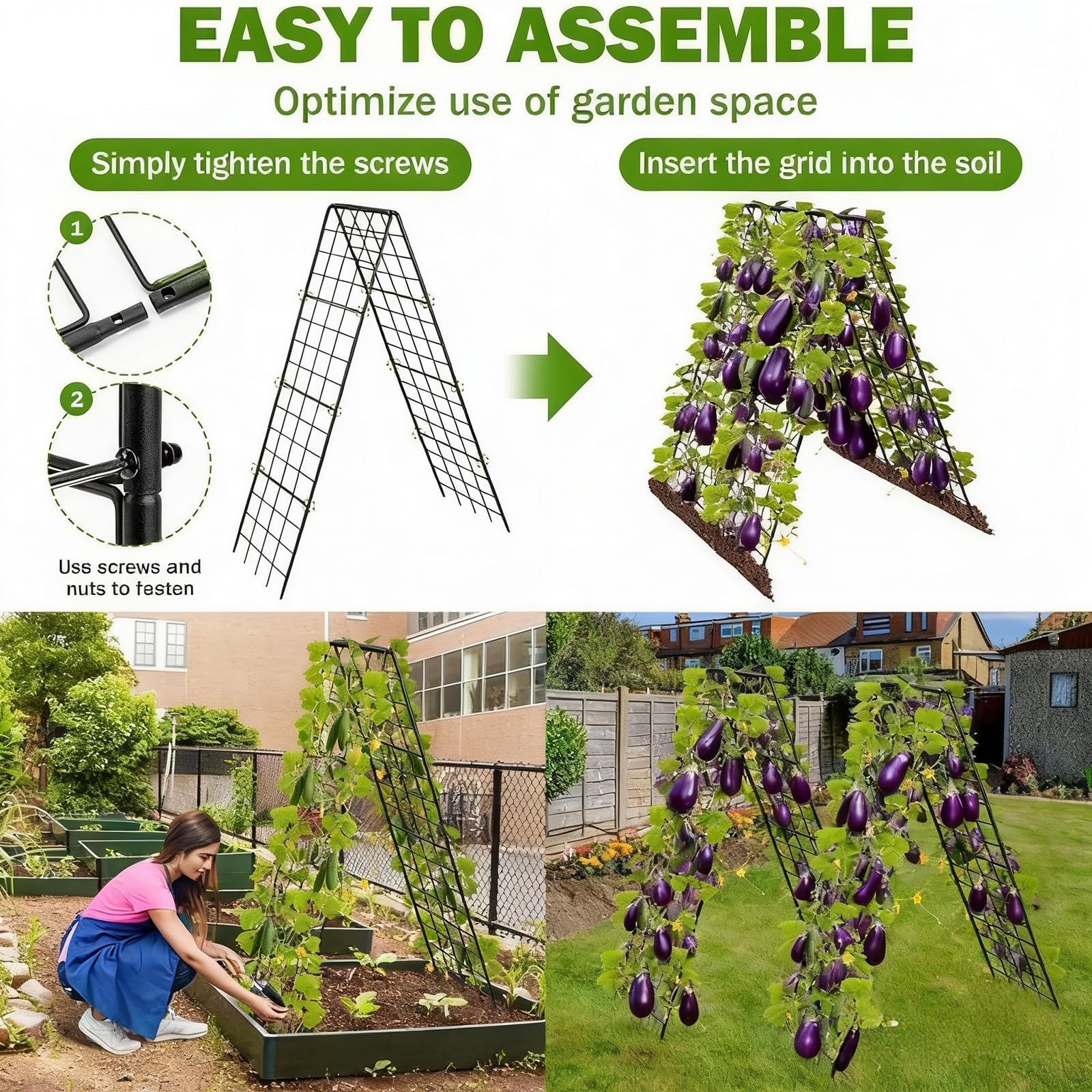 Lot de 2 tuteurs de concombres en forme de A pour plantes grimpantes - Support en métal avec filet de jardin et clips - Largeur réglable - Support de plantes pour fleurs et plantes utiles