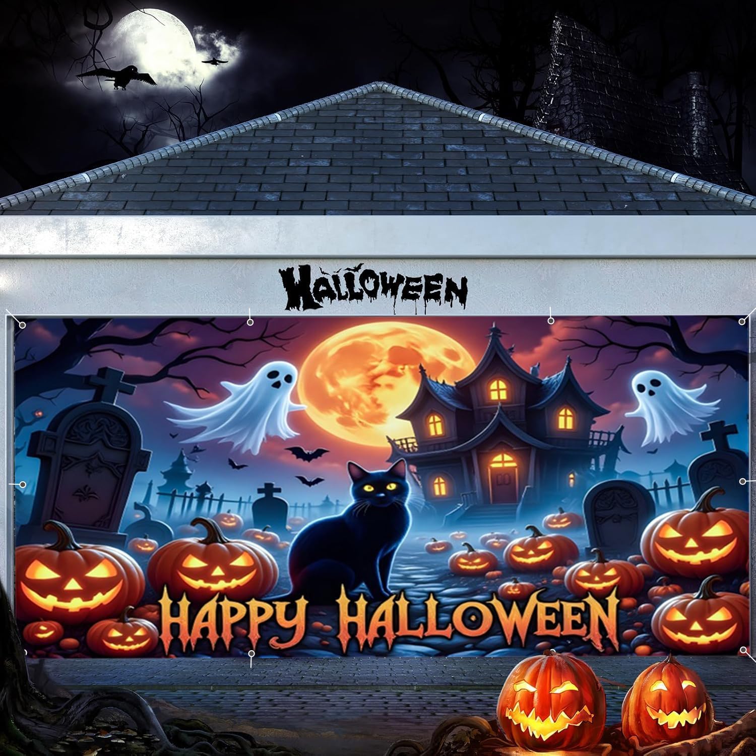 Halloween Garage Door Cover 7x16ft Large Halloween Garage Door Decorations Banner Haunted Castle Cemetery Ghost Scary Wall Backdrop for Outdoor Indoor Spooky Party Decor