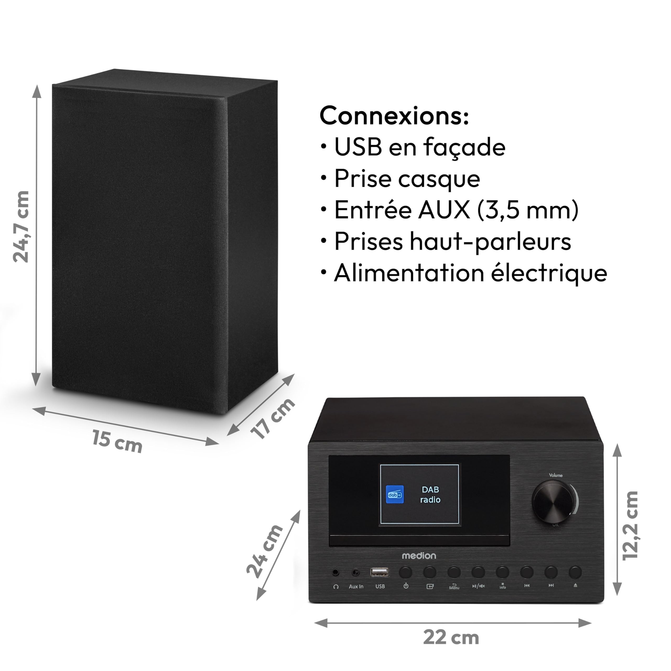 MEDION Système Audio Compact P85003 (Radio Internet, Dab+, Radio FM PLL, Bluetooth, Connexion USB, AUX, 2x150 W)