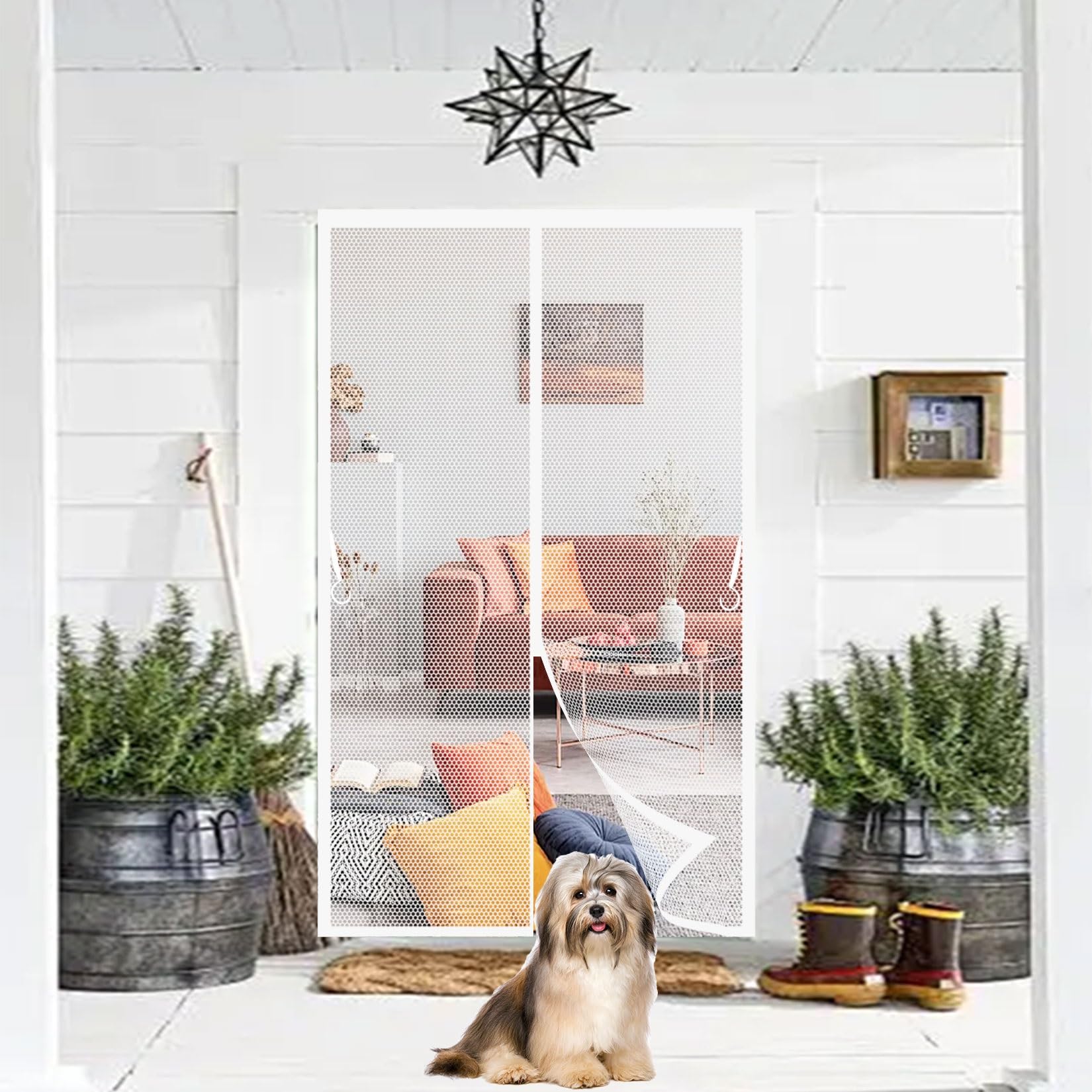 Liujyuan White Mosquito Door Screen 135 X 215 Cm Full Frame Magic Tape, Powerful Magnets Flyscreen French Doors, Bug Mesh Curtain Heavy Duty, Lets Fresh Air For Patio Doors Bedroom,