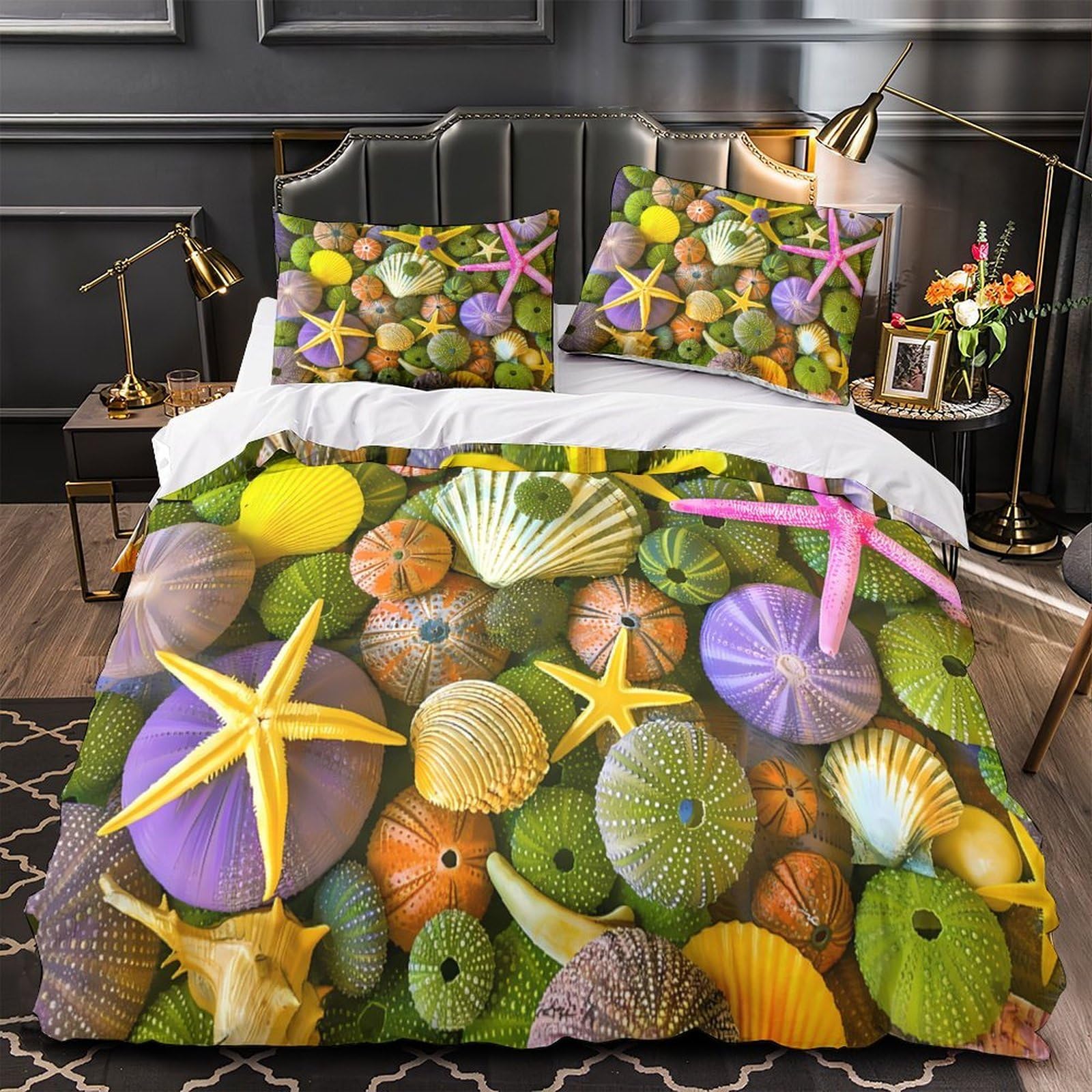 Stampa 3D Sea shells Copertura per letto Microfibra Biancheria per letto Con federa Traspirante Ocean decor style Fodera copriletto Leggero per giovani coppie coinquilini Super king（260x220cm）