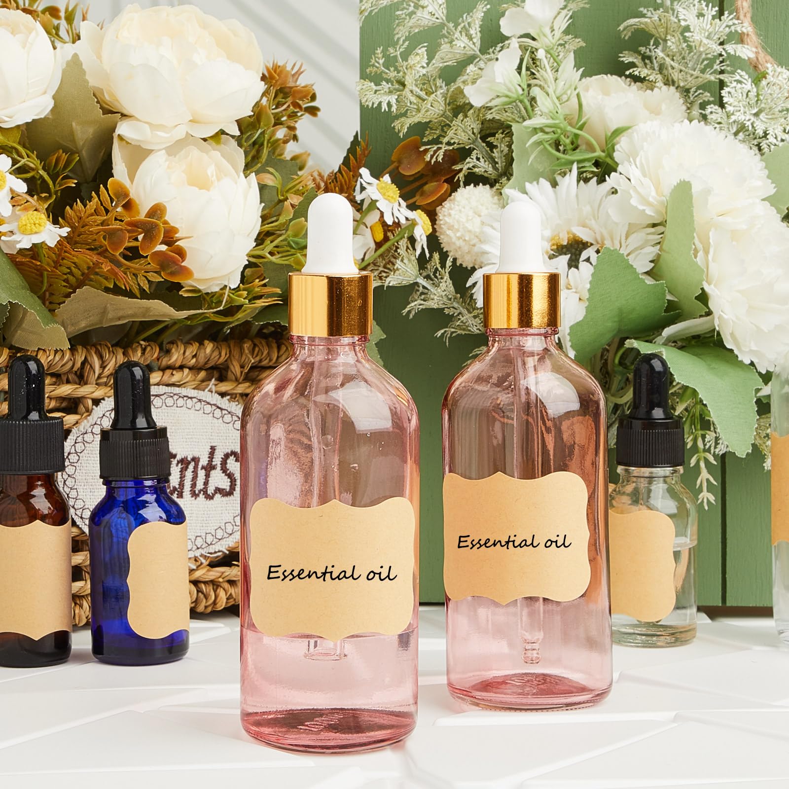 Lallisa 48 Stück Glas-Tropfflaschen mit Augentropfenspender, Labor Tropfflaschen mit 4 langen Pipetten, 4 Trichter und 80 Etiketten für Reisen, Nagelhautmassage, ätherische Öle, Parfüm (Rosa, 118 ml)